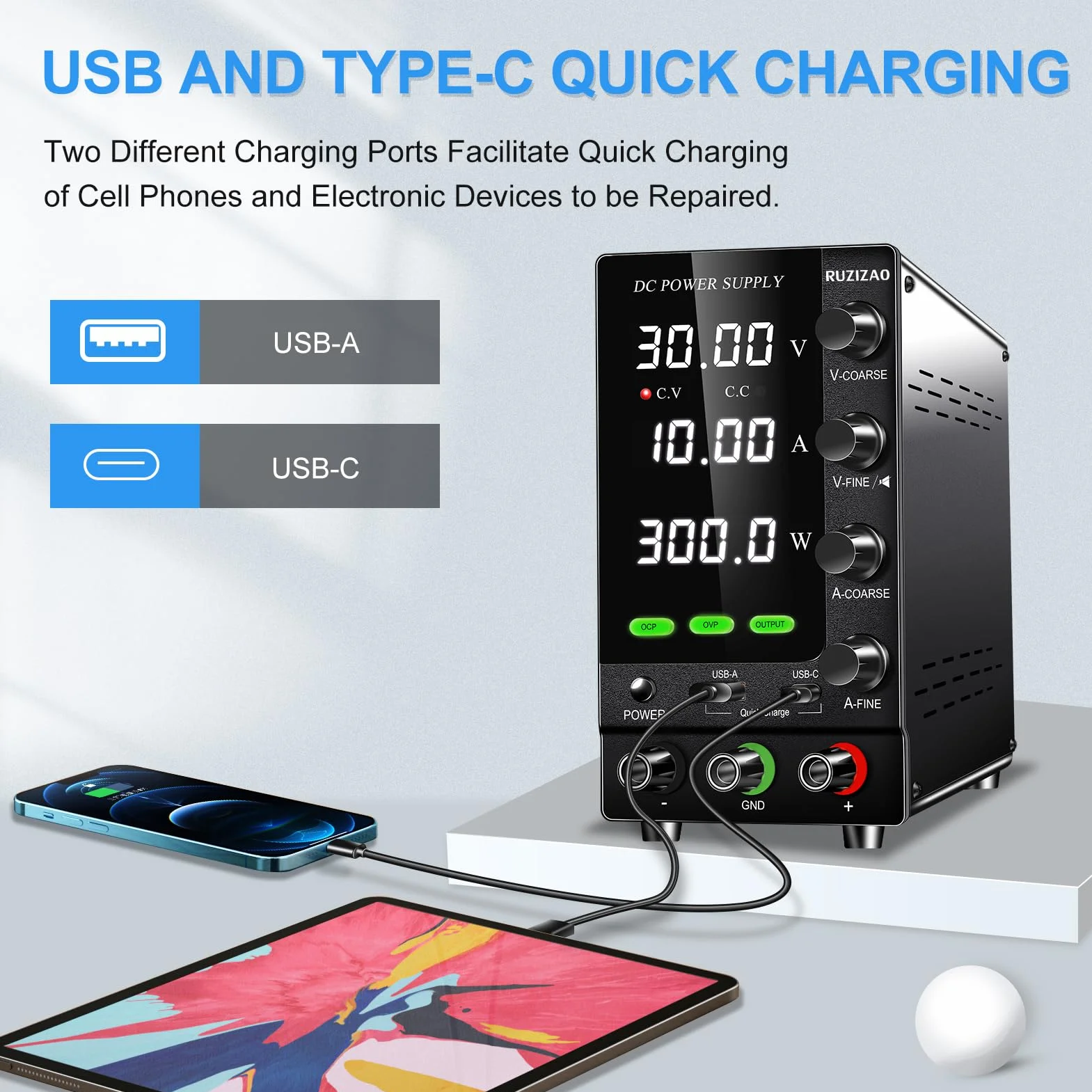Fuente de Alimentación Regulable 30V 10A Alimentación de Laboratorio con OCP/OVP/Output/Codificadores/18W USB de Carga Rápida, Fuente de Alimentacion de Banco para Pruebas/Carga de Baterías