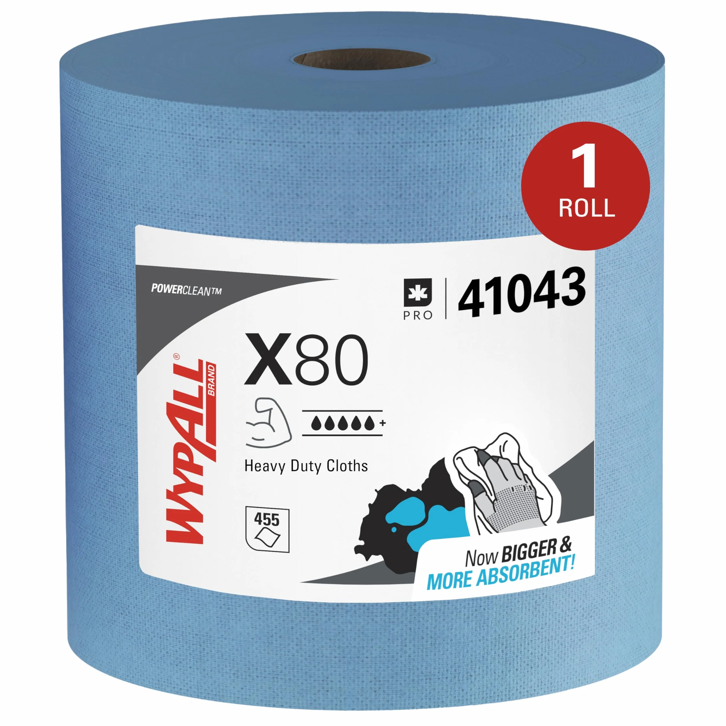 Paños WypAll X80 Power Clean, Paños de limpieza reutilizables industriales, Rollo azul de alta capacidad con 455 paños absorbentes de 1 capa​, Número de modelo 8347