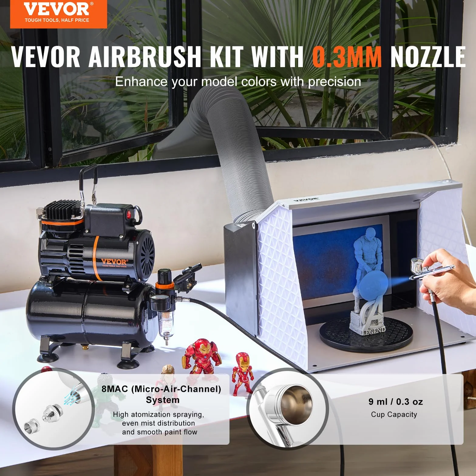 VEVOR Kit de Aerógrafo Profesional 0,3mm Compresor de Aire de Doble Ventilador 3,5L