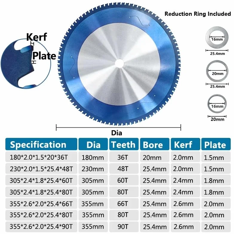 Hoja de Sierra Circular de Carburo Recubierta Azul Nano 305x2,4x1,8x25,4x60T para Corte de Metal, Aluminio, Hierro, Acero