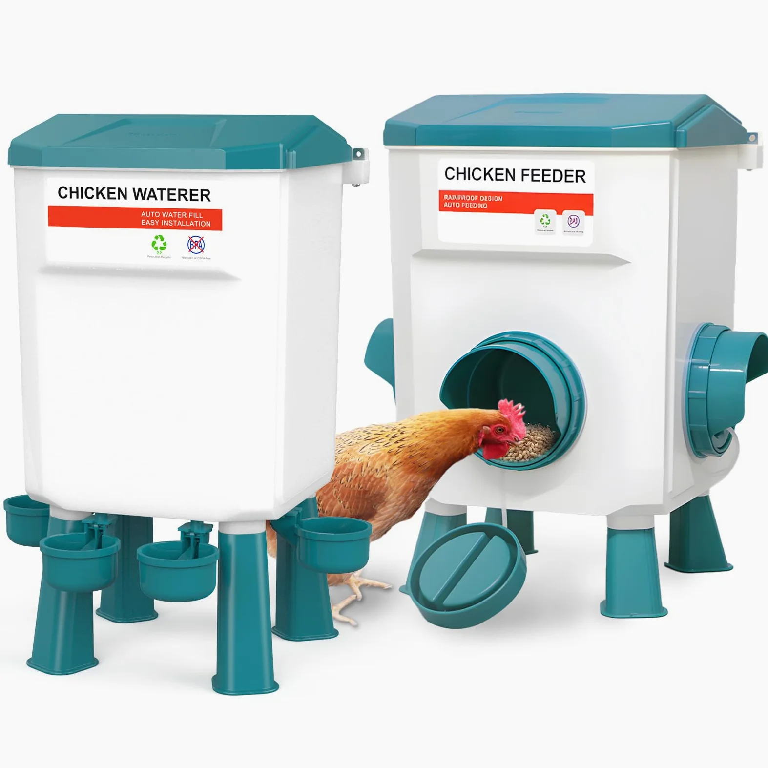 Juego de comedero de pollo de 12 kg y bebedero de 11 litros, comederos y bebederos de pollo, comederos de pollo sin desperdicios, comedero para aves de corral al aire libre con patas desmontables