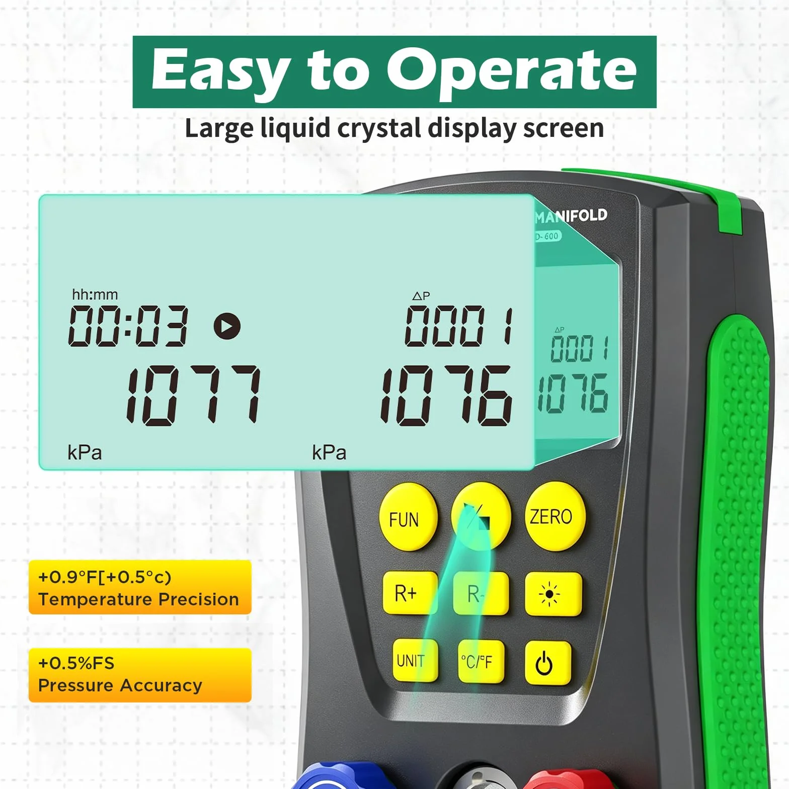 R32 R410a Manómetro Digital Aire Acondicionado para 93 Refrigerantes, HVAC Juego de Manómetros Digitales de Refrigeración, Kit de Indicador Digital con Colector Incluye 2 Abrazaderas de Temperatura
