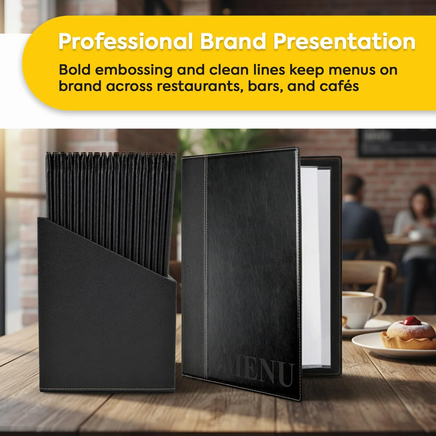 SECURIT - Set de 20 Portamenús Trendy Line con Caja de Exhibición - 1 Inserto Fijo Doble Cara = 4 Páginas A4 - Posibilidad de Añadir Insertos - Café, Bar, Restaurante - Imitación Cuero PU - Negro