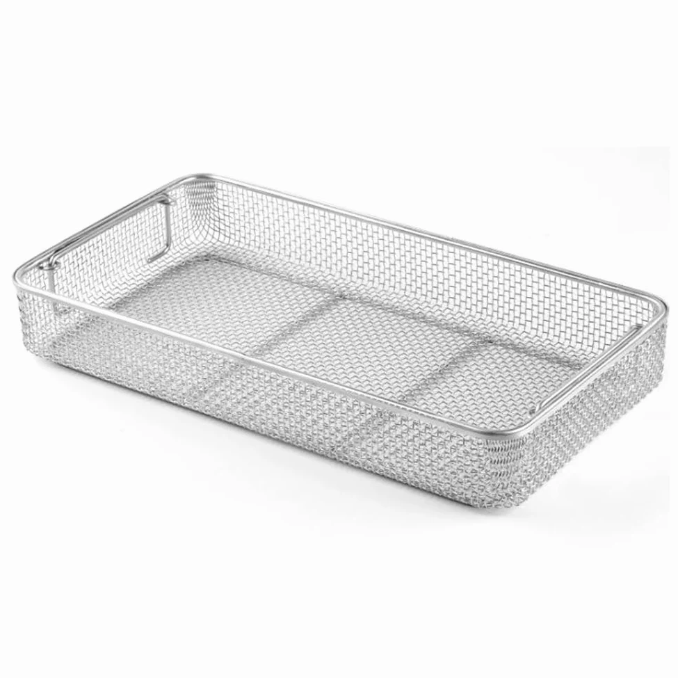Cesta de esterilización, malla de acero inoxidable 304 perforada con asa retráctil para laboratorio de hospital, 25 cm x 15 cm x 7 cm