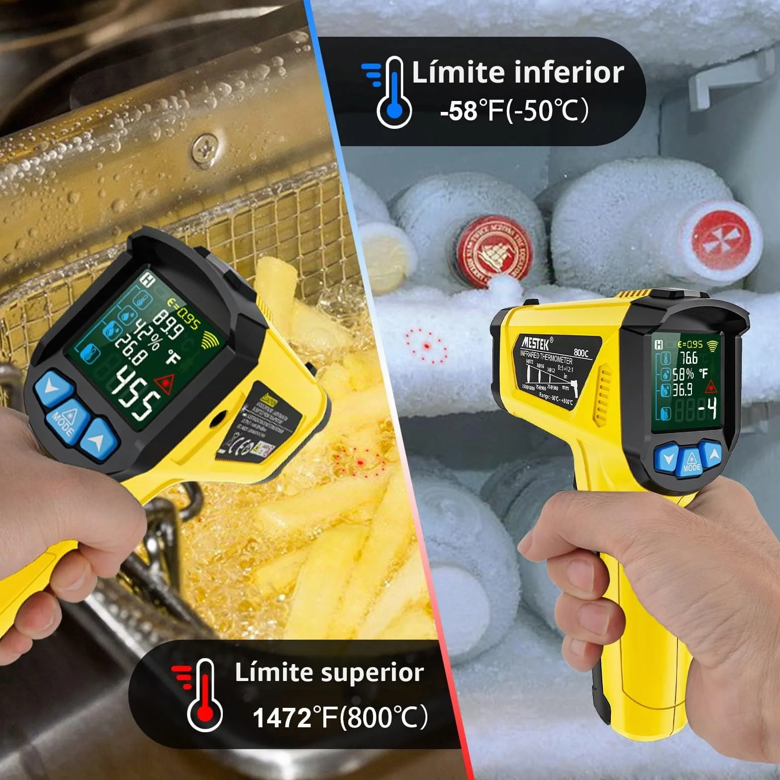 Termómetro Infrarrojo MESTEK -50°C~800°C Pistola Temperatura Laser Sin Contacto Pantalla LCD Color Ajuste Emisividad