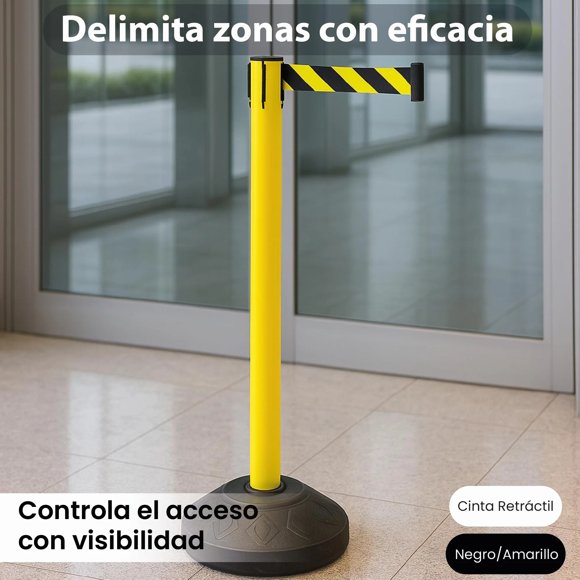 Postes Separadores con Cinta Extensible Amarillo 91cm Acero Resistente 4 Vías de Conexión