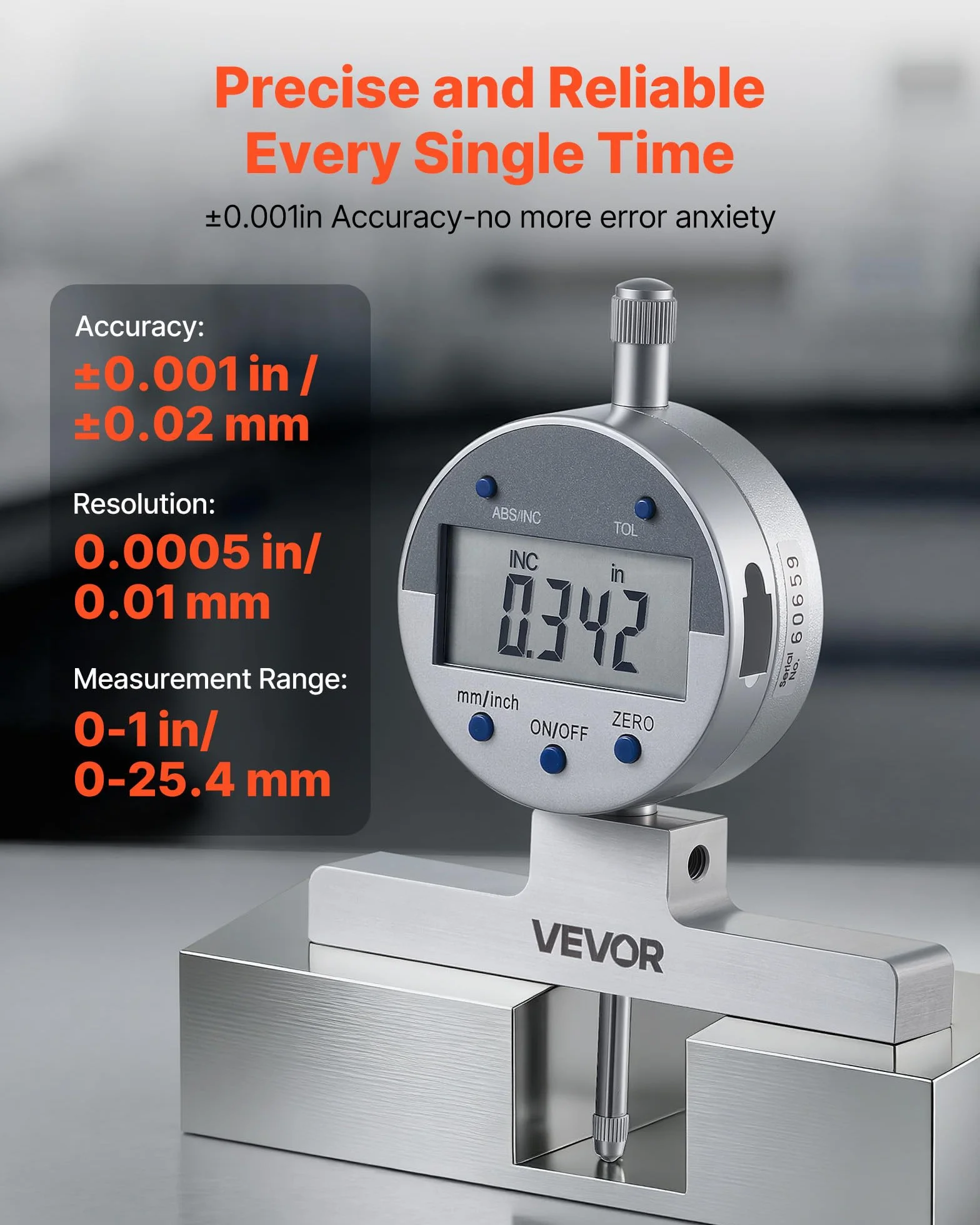 VEVOR Medidor de Profundidad de Alta Precisión, Rango de Medición de 0 a 558,8 mm, Resolución de 0,01 mm, Kit de Indicador Digital con 6 Varillas 4 Yunques, Herramienta para Ranuras Escalones Agujeros