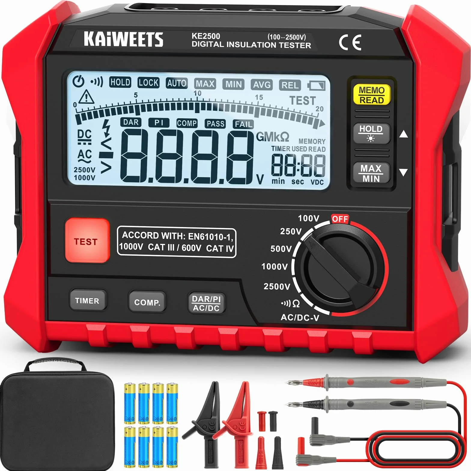 KAIWEETS Comprobador de Resistencia de Aislamiento, Hasta 200 GΩ, Megóhmetro Profesional, 5 Rangos 100 V/250 V/500 V/1000 V/2500 V, DAR/PI con Un Solo Toque, Máx./Mín., Mide Resistencia y Voltaje