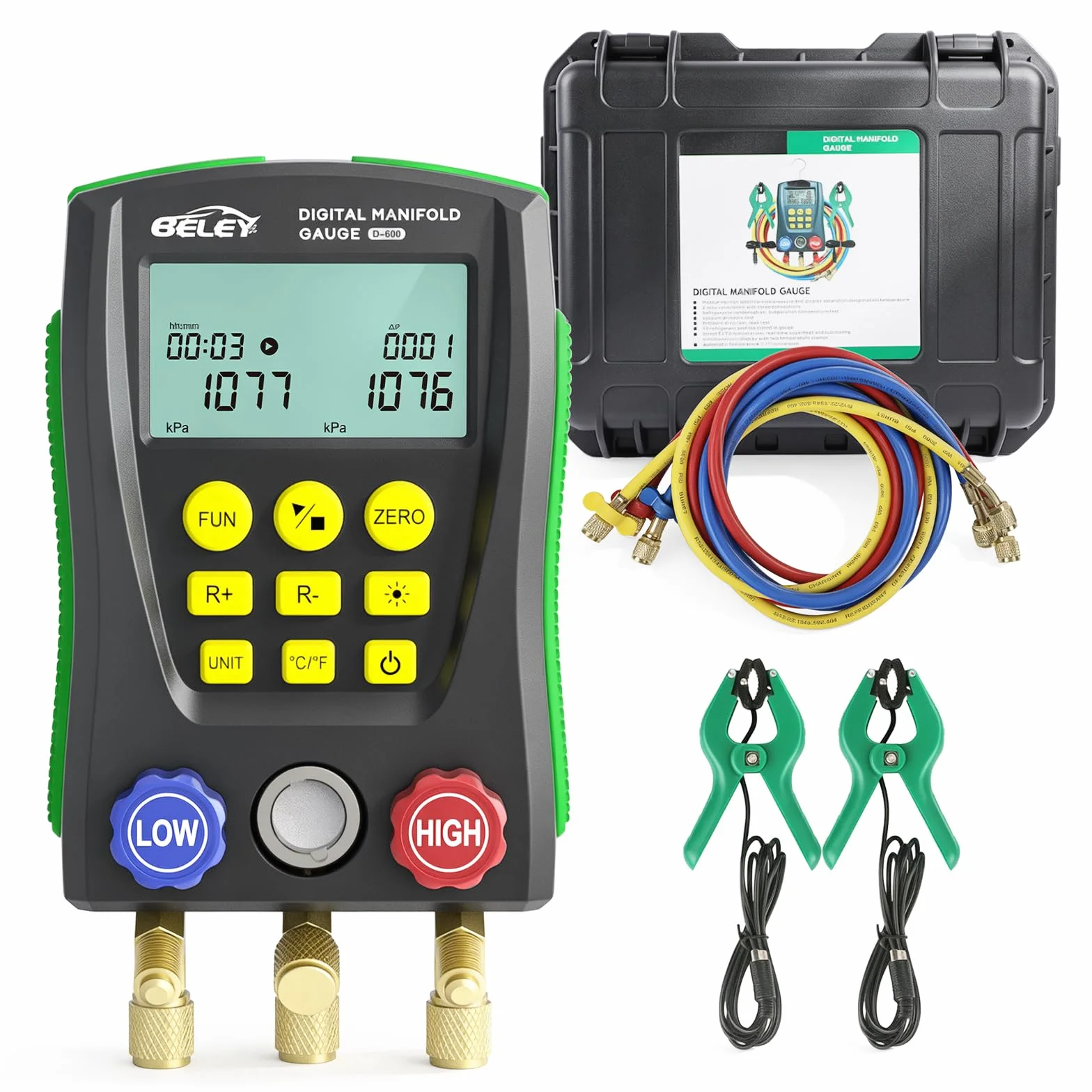 R32 R410a Manómetro Digital Aire Acondicionado para 93 Refrigerantes, HVAC Juego de Manómetros Digitales de Refrigeración, Kit de Indicador Digital con Colector Incluye 2 Abrazaderas de Temperatura