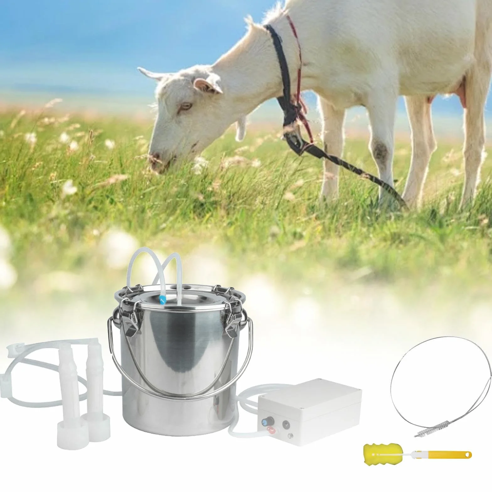 Máquina de Ordeño Ordeñadora Eléctrica Portátil para Cabras, Ordeñadora de Cabras Ovejas y Vacas, Bomba de Vacío con Succión Ajustable, Tanque de Acero Inoxidable de 5L