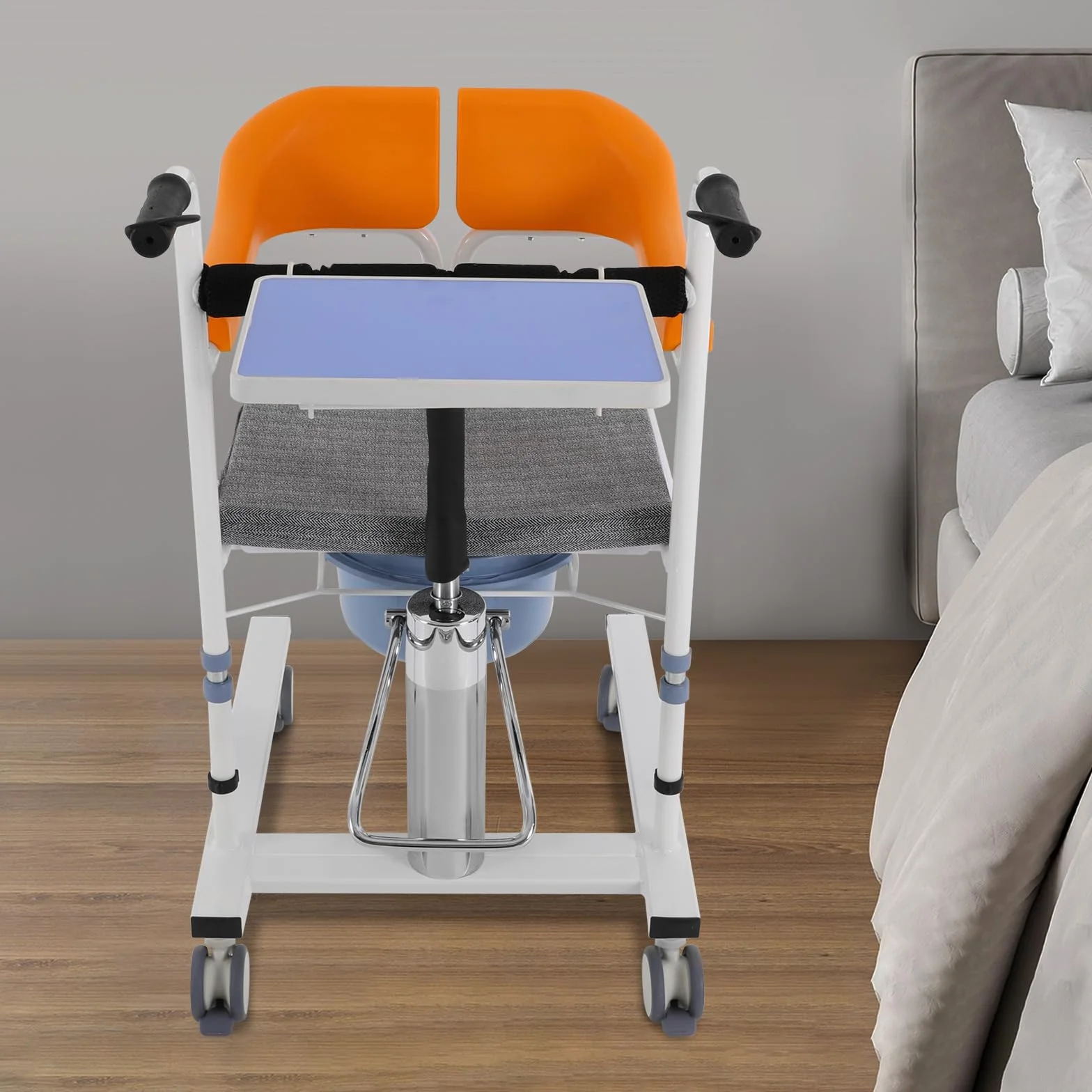 Silla de transferencia hidráulica para pacientes con ruedas, silla de transporte de altura ajustable con función de inodoro y mesa para ancianos y embarazadas, color naranja