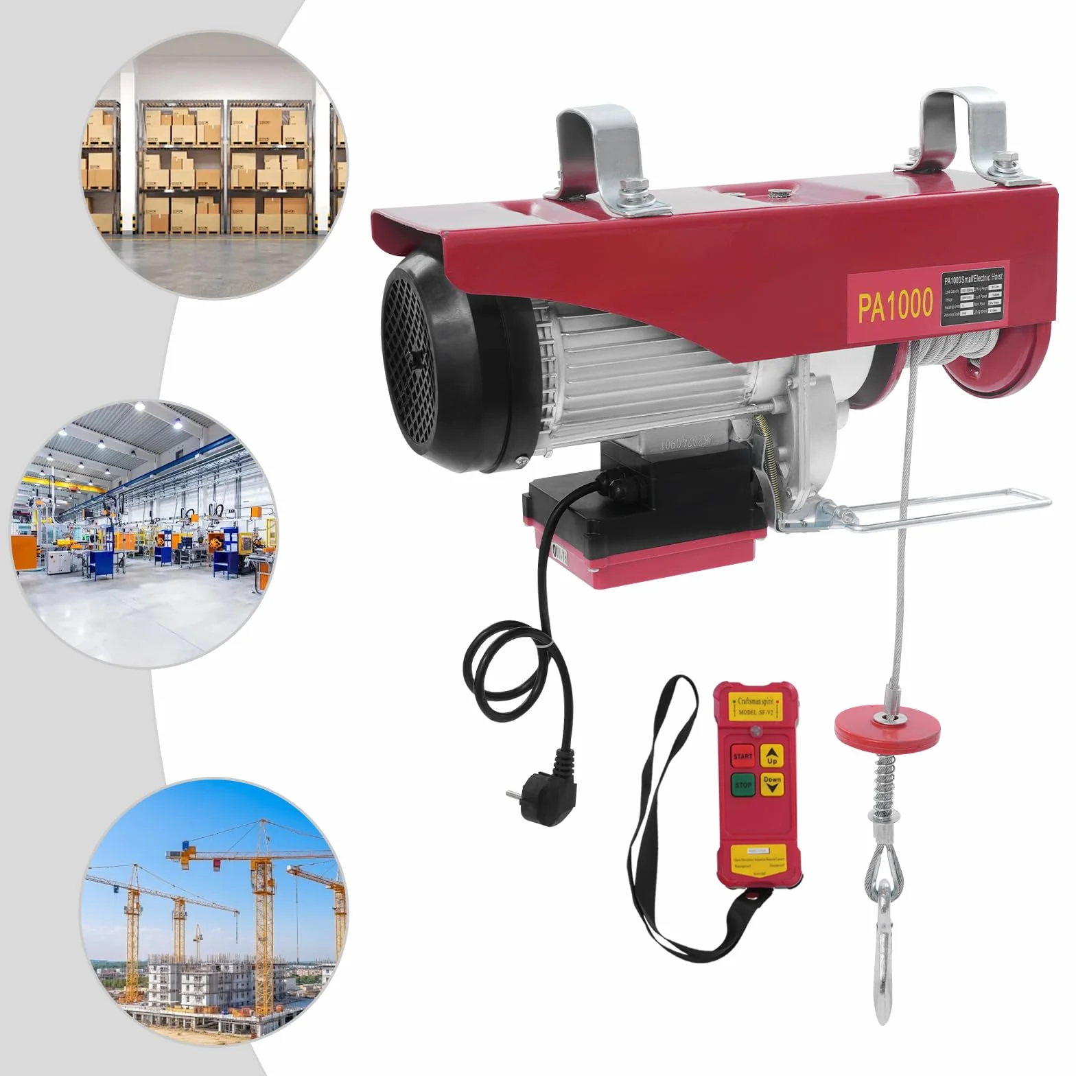 Cabrestante eléctrico con mando a distancia 1800W polipasto de cable/cadena, 12m altura de elevación con una cuerda 500KG, 6m altura de elevación con dos cuerdas 1000KG