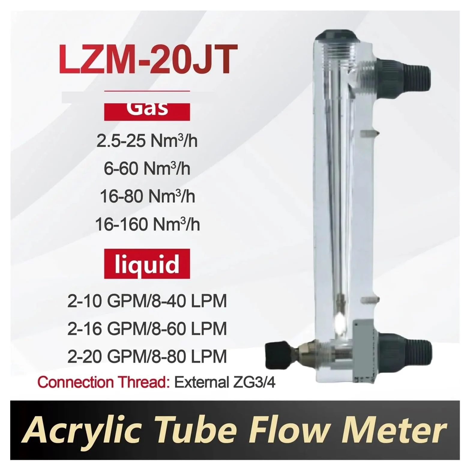 Medidor de flujo acrílico LZM-20JT, medidor de aire rotámetro de montaje en panel con válvula de control ajustable for agua, aire, líquido industrial(2-16GPM 8-60LPM)