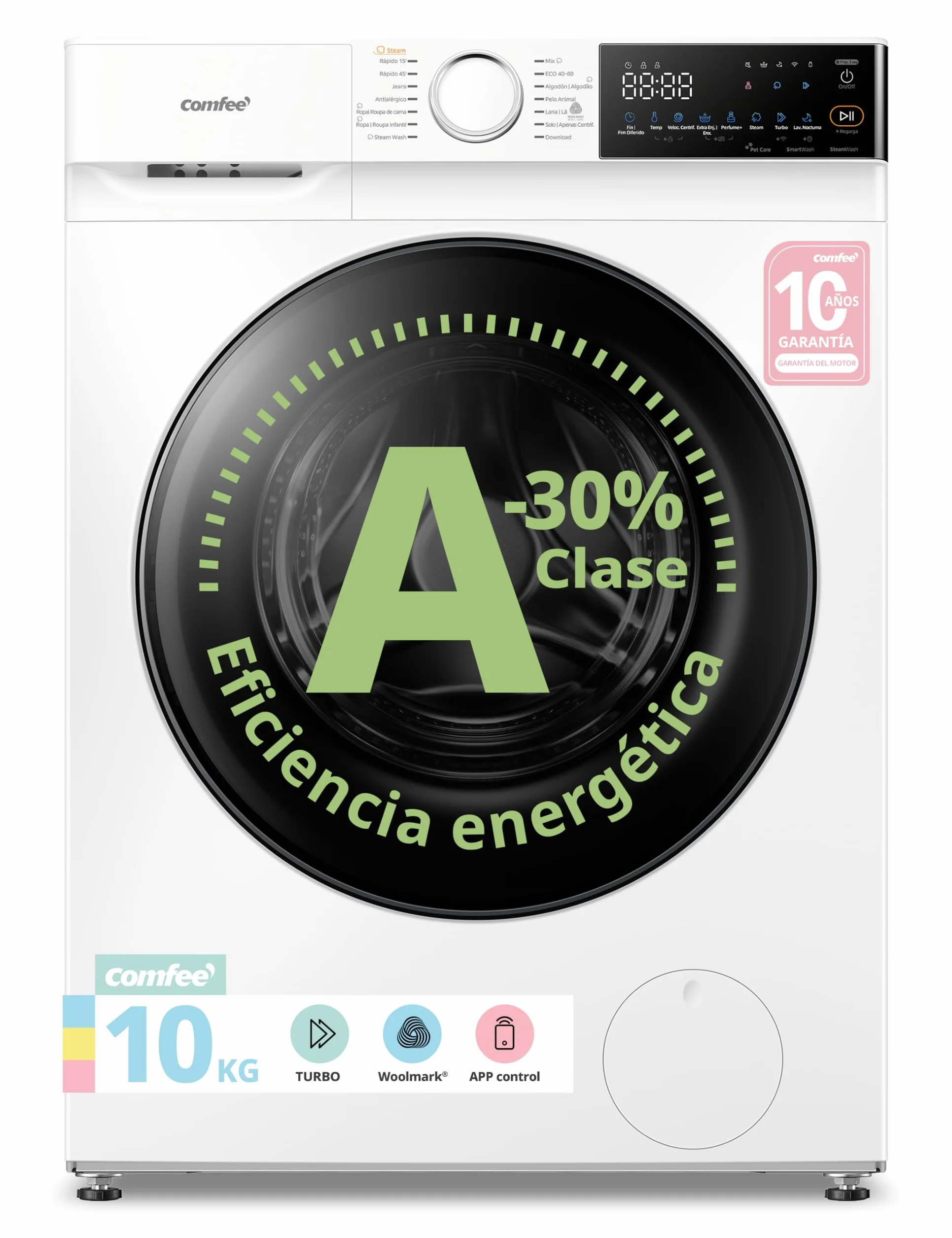 COMFEE' Lavadora 10kg 1400 RPM Clase A-30% 14 programas Control remoto