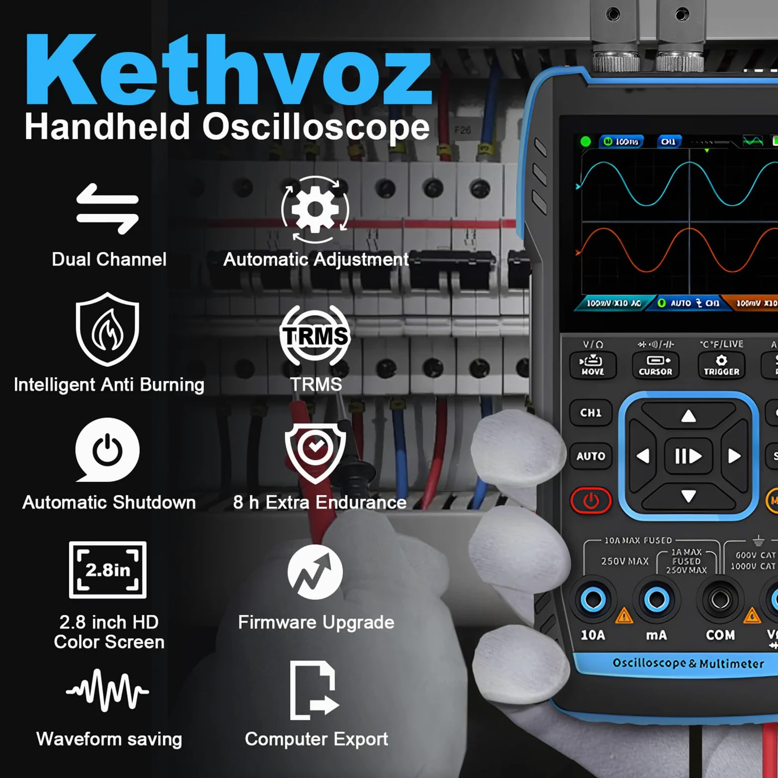 Osciloscopio Digital, Kethvoz 3 en 1 Multímetro 2C23T y Generador de Señales 50MS/s, 2 Canales/10MHz Ancho de Banda, Medición de Voltaje Corriente AC/DC Capacitancia Resistencia