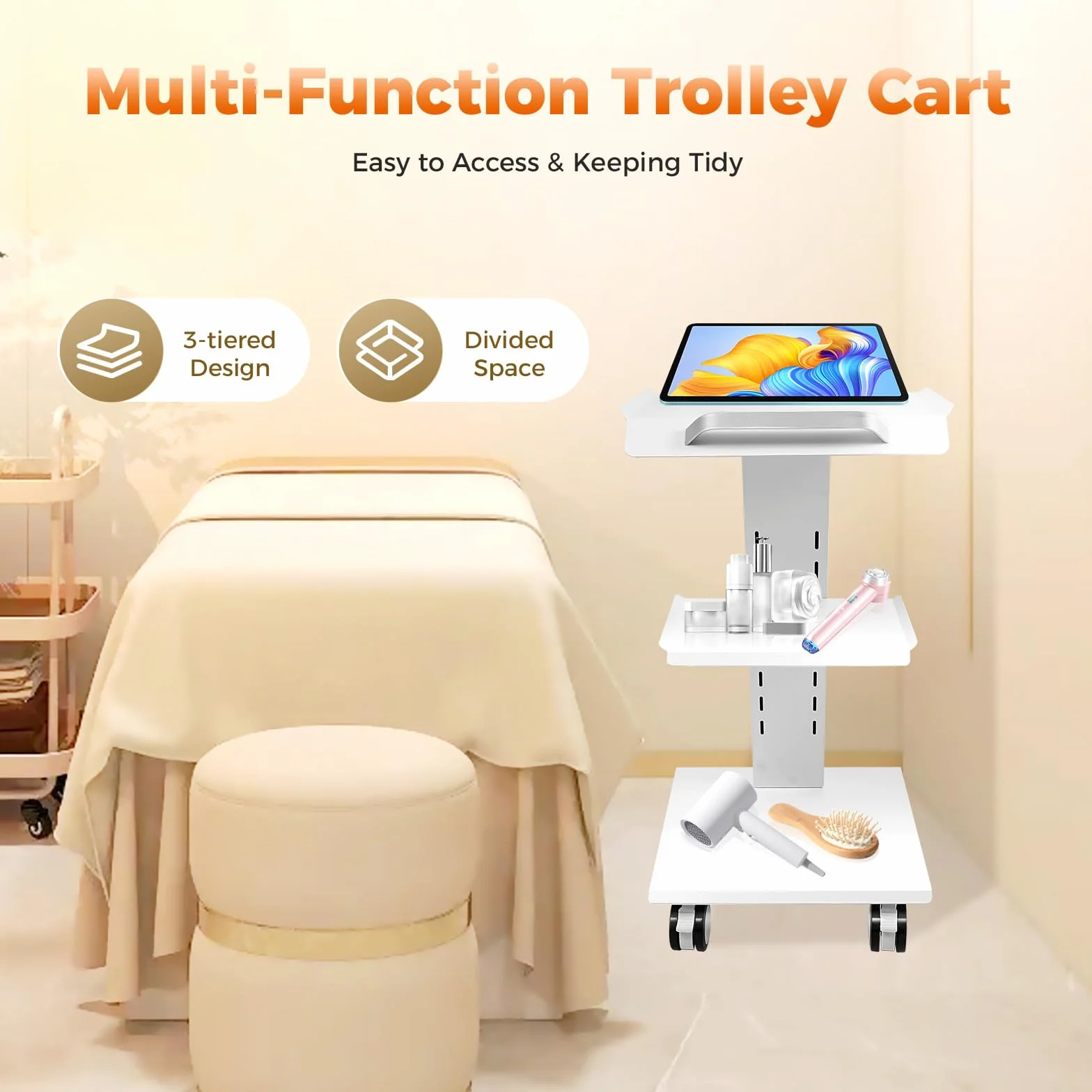 Carro multifunción portátil para Belleza/Medicina/Laboratorio 3 Niveles Capacidad de Carga 100kg 4 Ruedas con Freno 3 enchufes (110V-220V) 41 x 36 x 77 cm