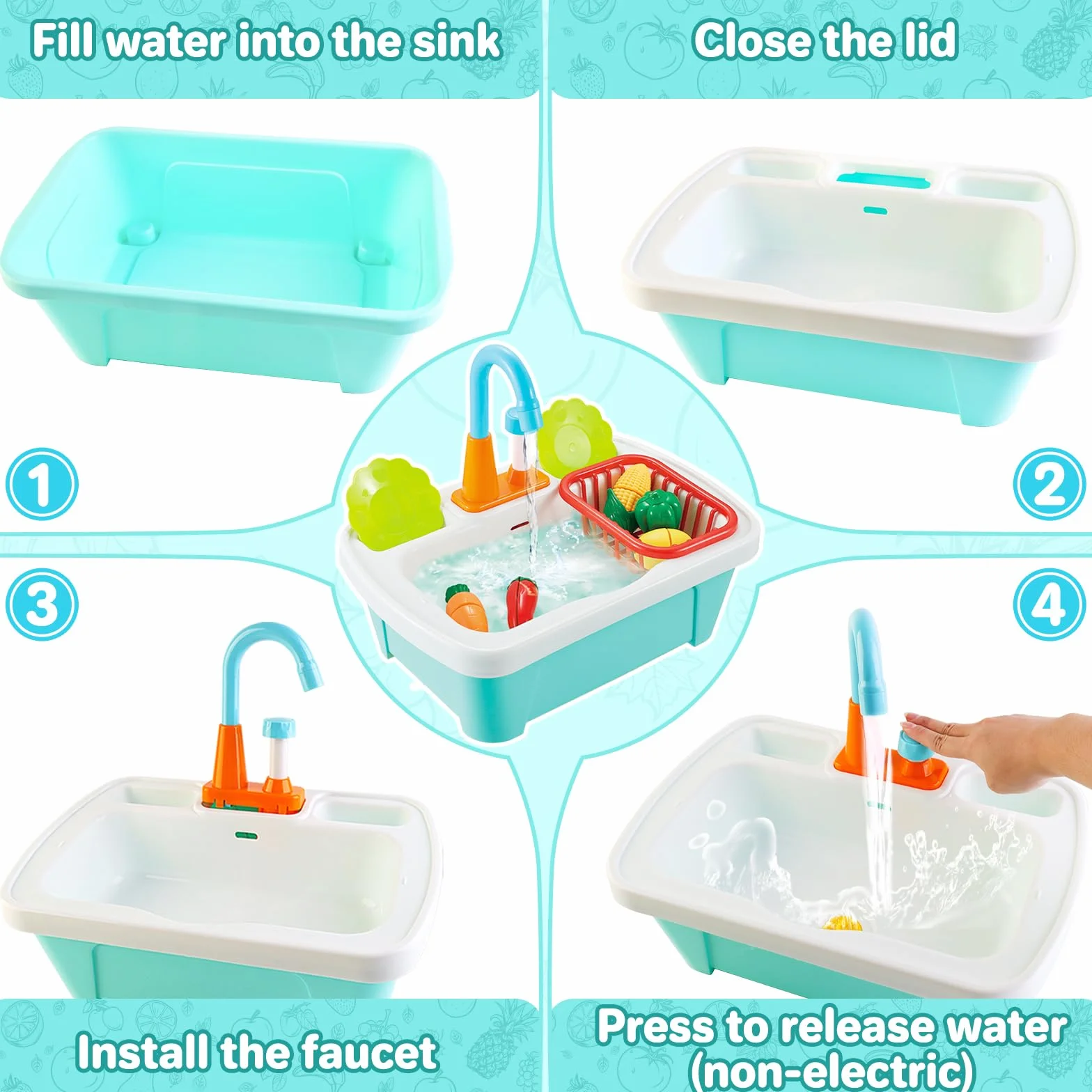 deAO Juego de Fregadero de Cocina 28 Piezas con Simulación de Lavar, Juguetes para Cortar, Utensilios, Grifo y Desagüe