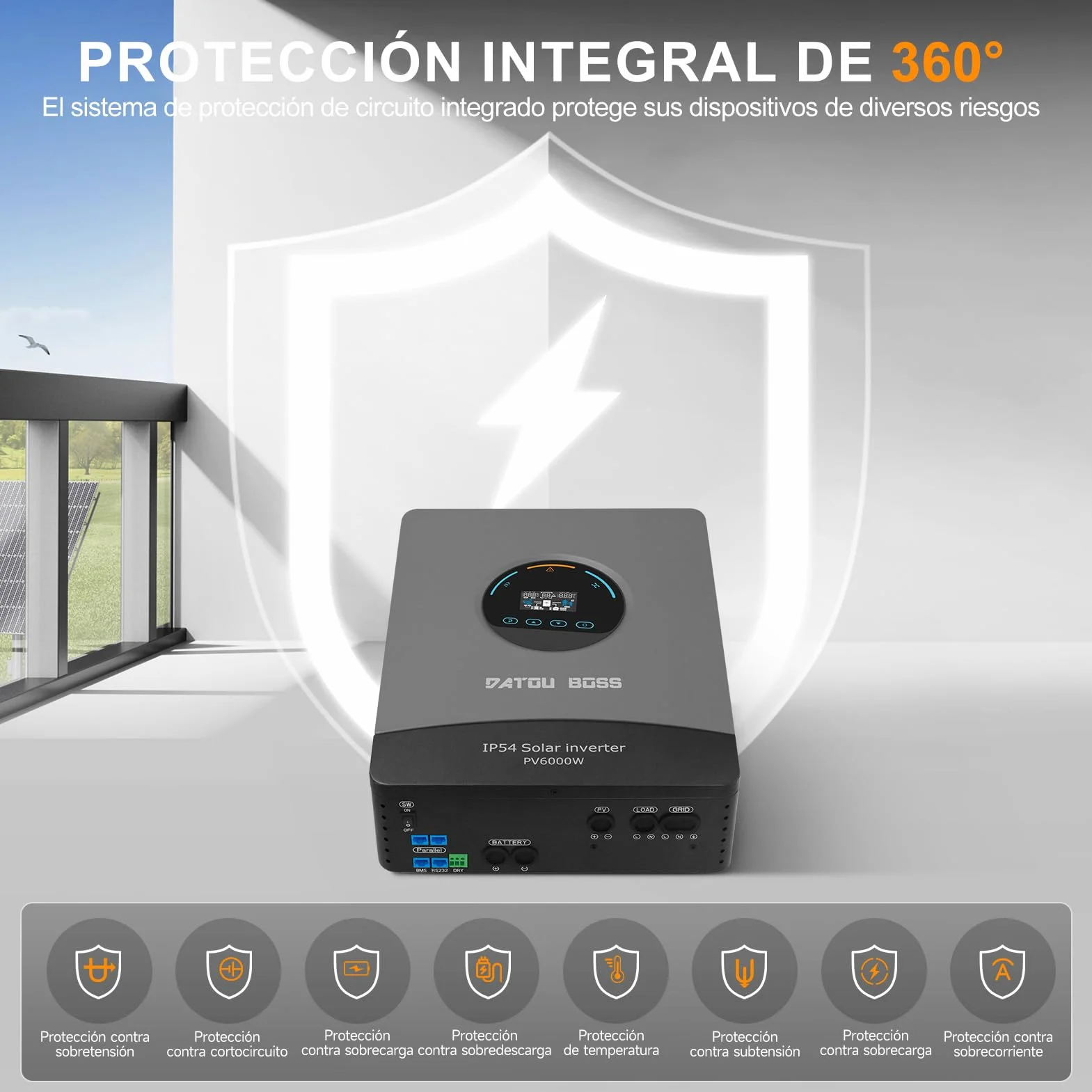 DATOUBOSS Inversor Solar Híbrido 48V 6000W Onda Sinusoidal Pura, Regulador MPPT Integrado 120A, Protección contra Rayos y Agua, Arranque sin Batería, para Sistema Solar Fuera de la Red (48V 6000W)