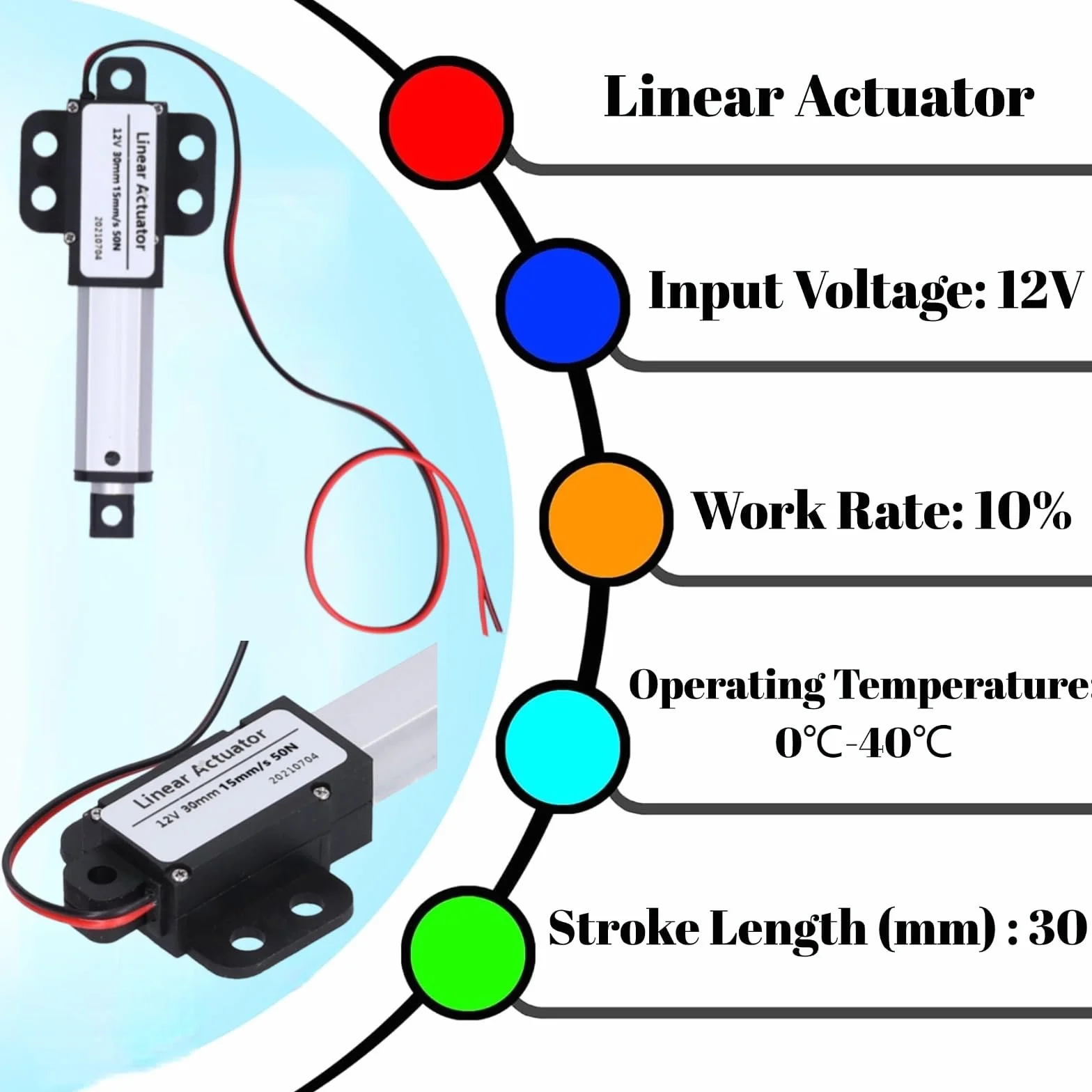 Actuador Lineal Eléctrico 12V DC 30mm 15mm/s 50N