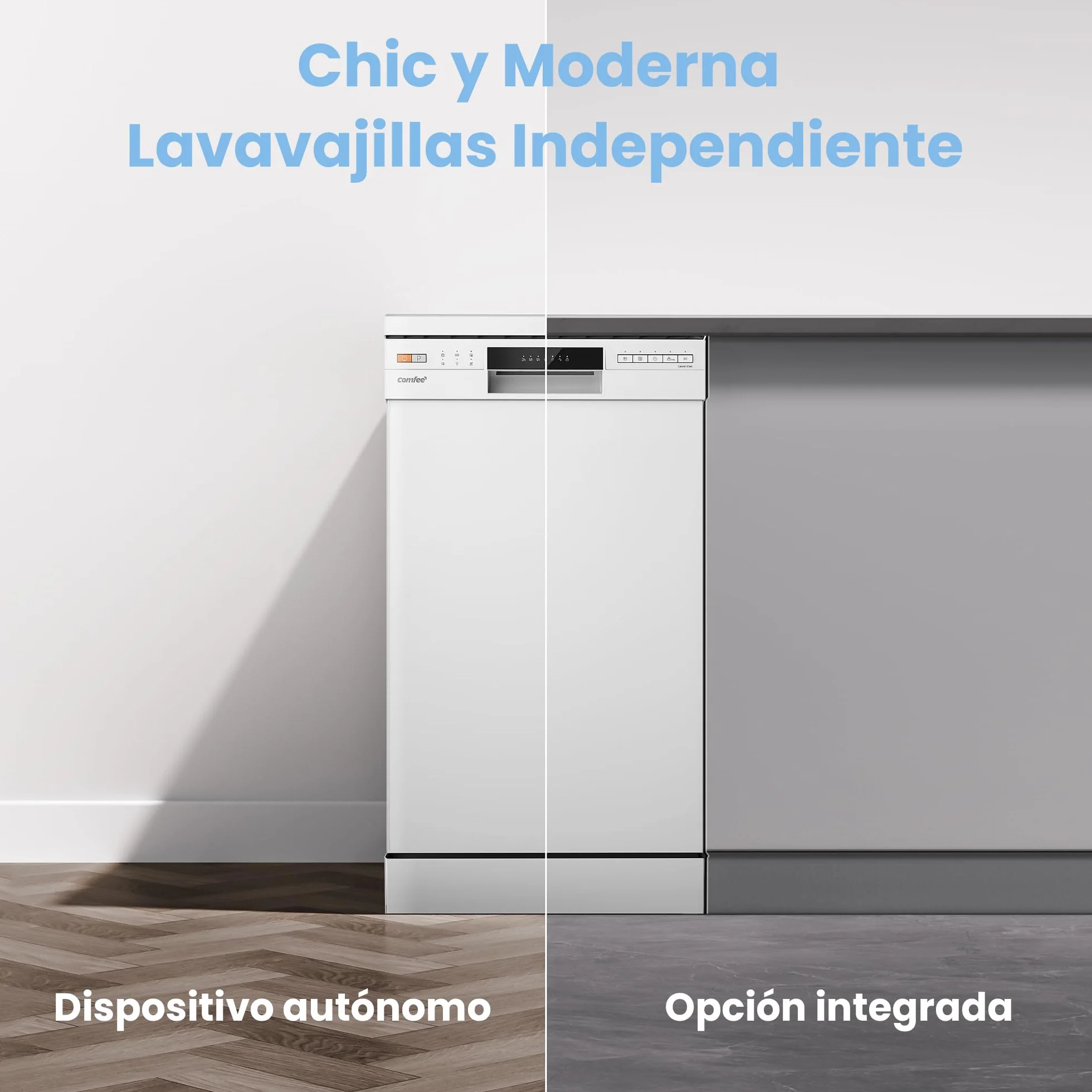 COMFEE' CDWEF1034BW Lavavajillas Independiente 10 Cubiertos 45cm Inicio Diferido Media Carga 72℃ Lavado higiénico Rejillas Flexibles Blanco