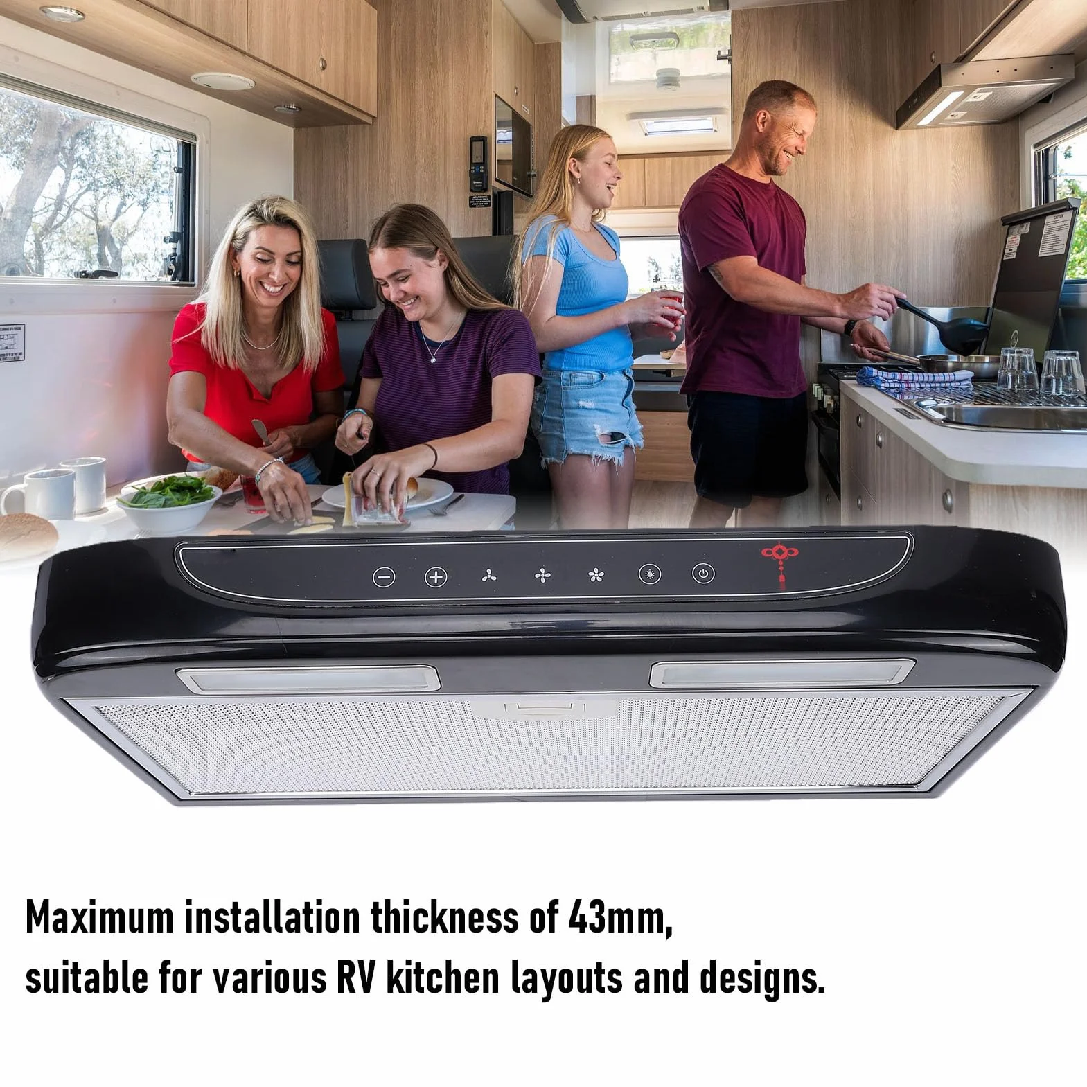 Tbest Campana Extractora para Autocaravanas, 12 V, Acero Inoxidable, Pantalla Táctil, Luz LED, Campana Extractora para Cocina, Ideal para Autocaravanas, Yates y Apartamentos pequeños.