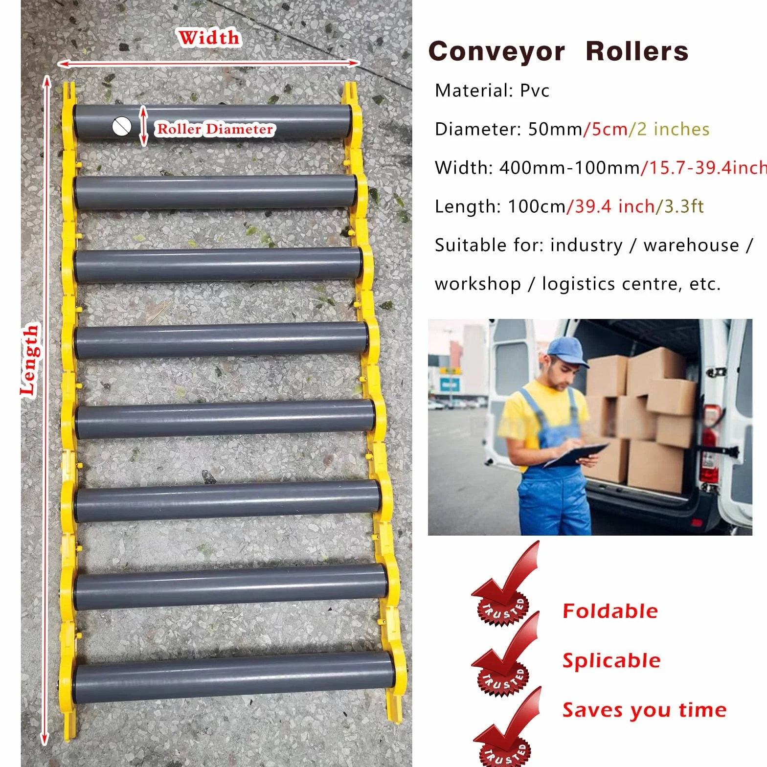Genérico Mesa transportadora de Rodillos Plegable - Rodillos de Gravedad de 2'' de diámetro para Trabajo Ligero, Ideales para almacenes y logística - Ideales para proyectos de Bricolaje y talleres de