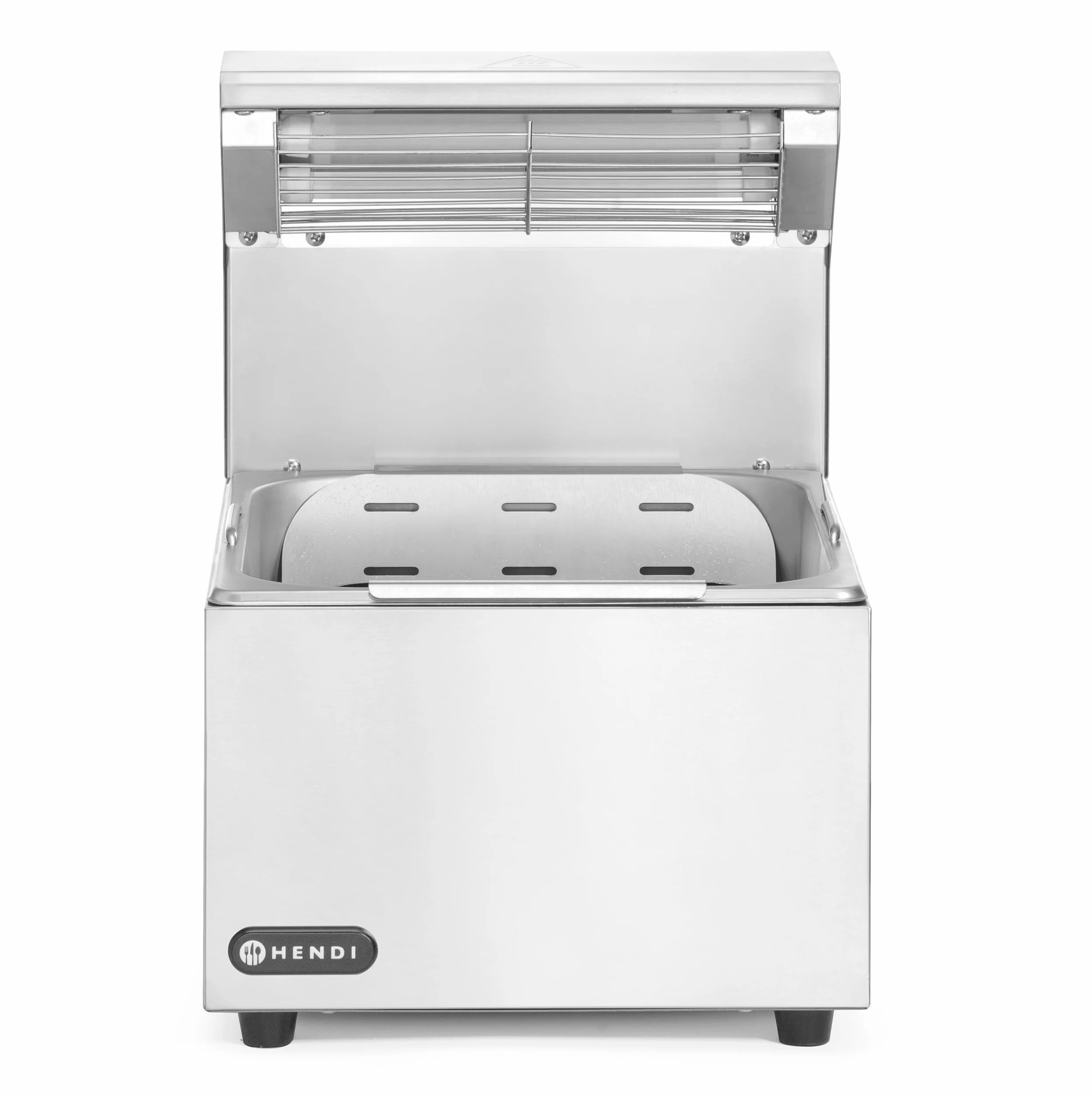 HENDI Calientapatatas fritas eléctrico con lámpara infrarroja, bandeja perforada, cubeta GN 1/2, 220V, 400W, 357x267x376mm, acero inoxidable