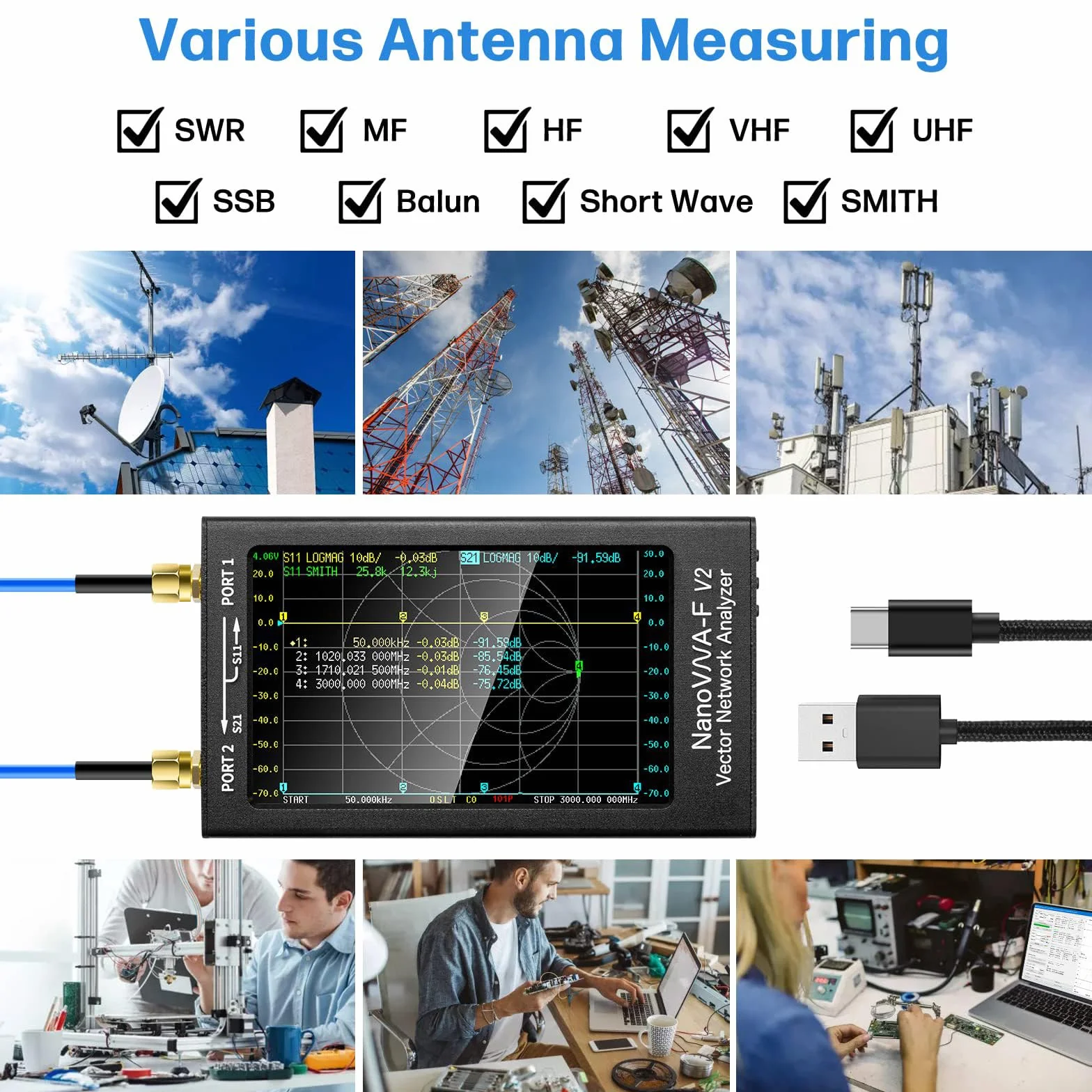 AURSINC NanoVNA-F V2 Analizador de Redes Vectoriales 50KHz-3GHz HF VHF UHF VNA Pantalla de 4,3 Pulgadas Analizador de Antena Medición de S-Parameter,Voltaje SWR, Fase, Retardo, Smith Chart