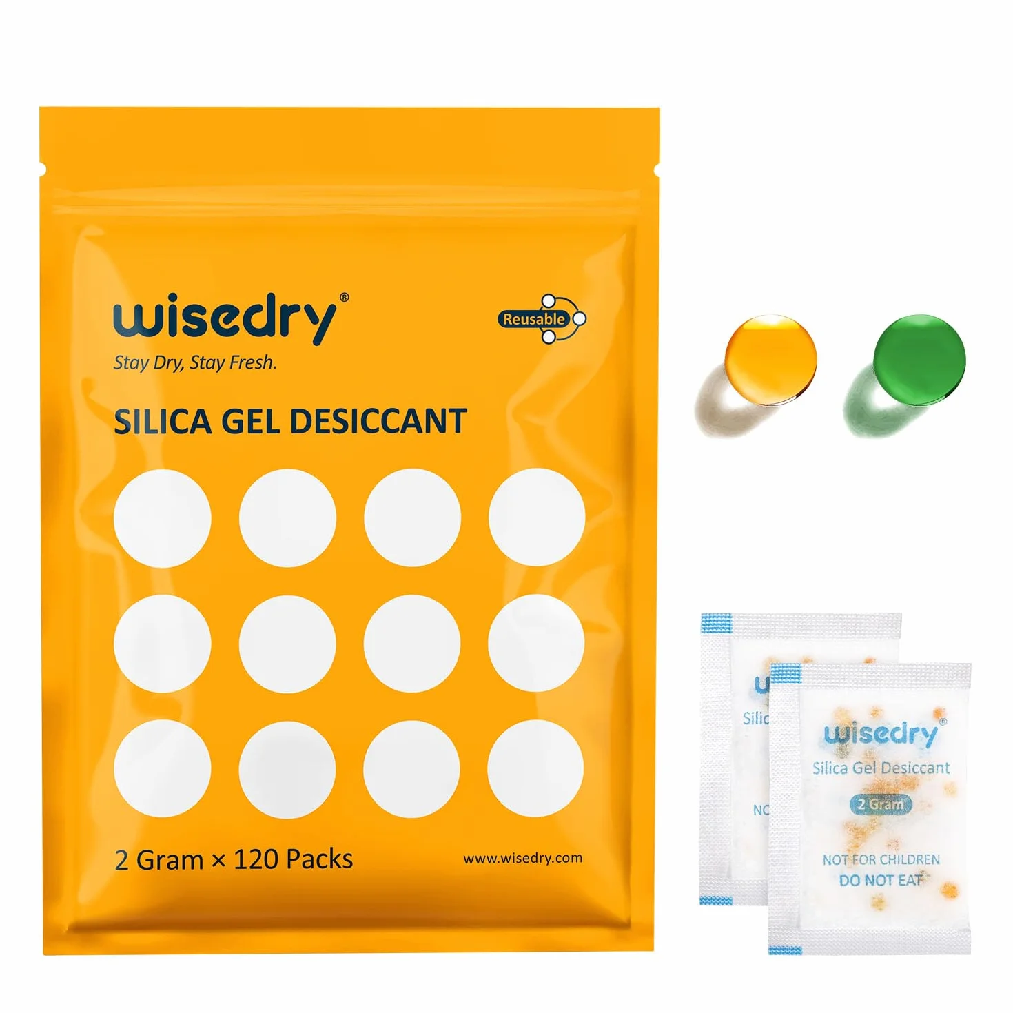 Wisedry Pequeñas bolsitas de gel de sílice desecante 2 Gramos [120 paquetes] para almacenamiento de alimentos, absorbentes de humedad