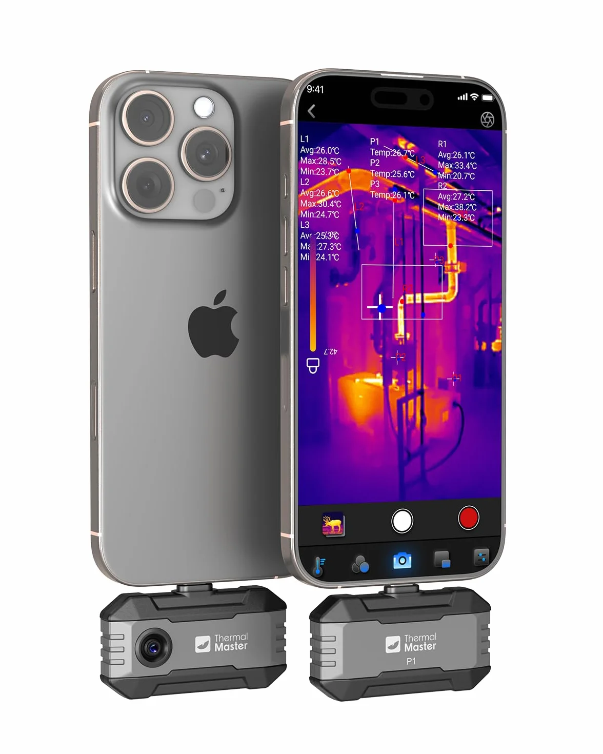 Cámara térmica Thermal Master P1 para iPhone 15/16 y Android, cámara infrarroja térmica con resolución IR X³ 320x240, -20℃-600℃, inspección del hogar, zoom 15x