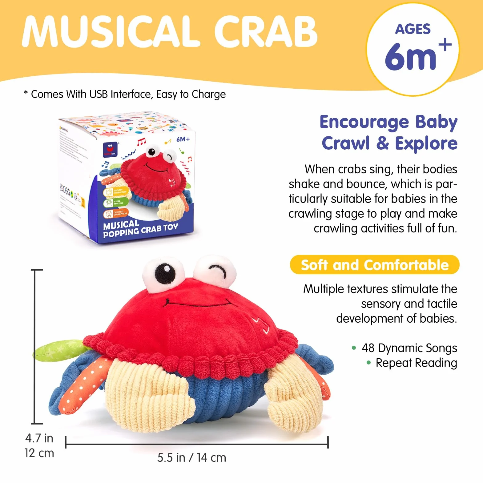 hahaland Cangrejo Juguete Bebe 6-12 Meses, Bailarín con Música y Grabación, Peluche Interactivo