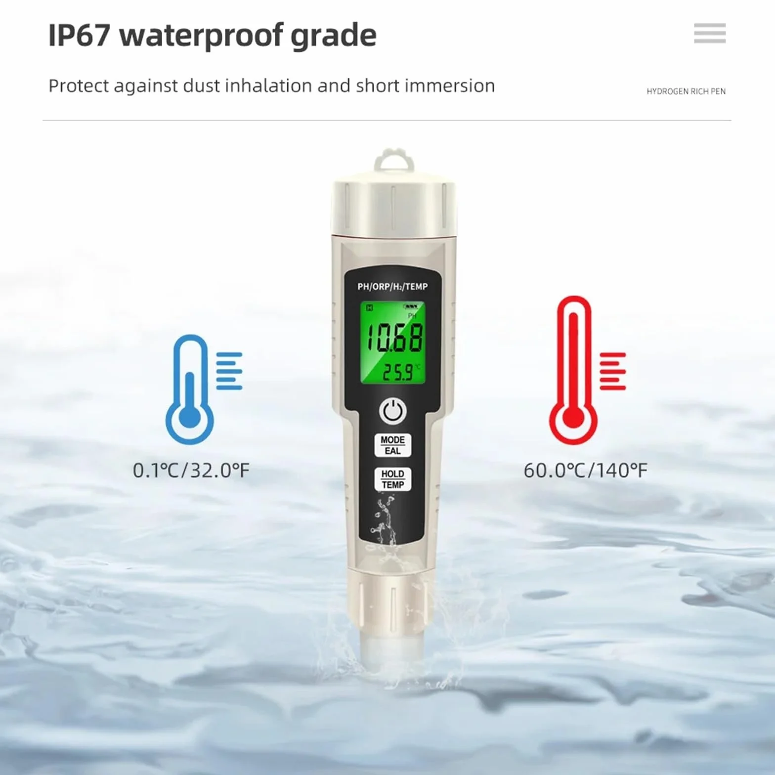 Medidor de PH, Medidor de pH 4 en 1, probador de hidrógeno enriquecido, retroiluminación, ORP, H2, TEMP, bolígrafo de prueba portátil, detector de calidad del agua for piscinas y acuarios.