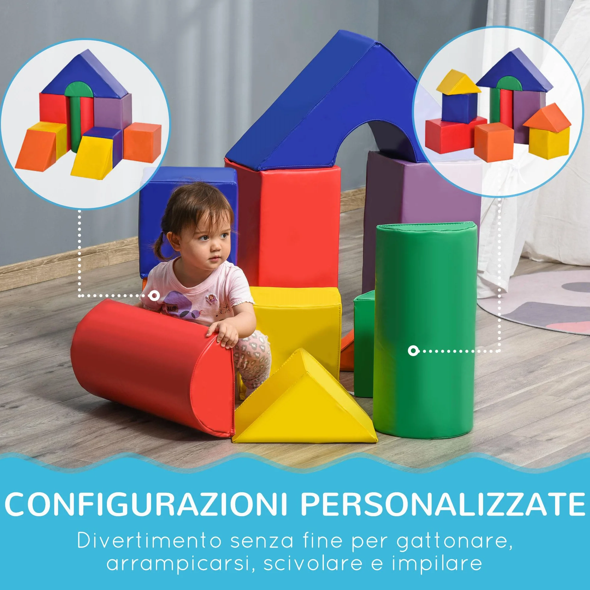 HOMCOM Juego de 11 Bloques de Espuma para Niños Psicomotricidad Infantil Figuras de Construcción Multicolor