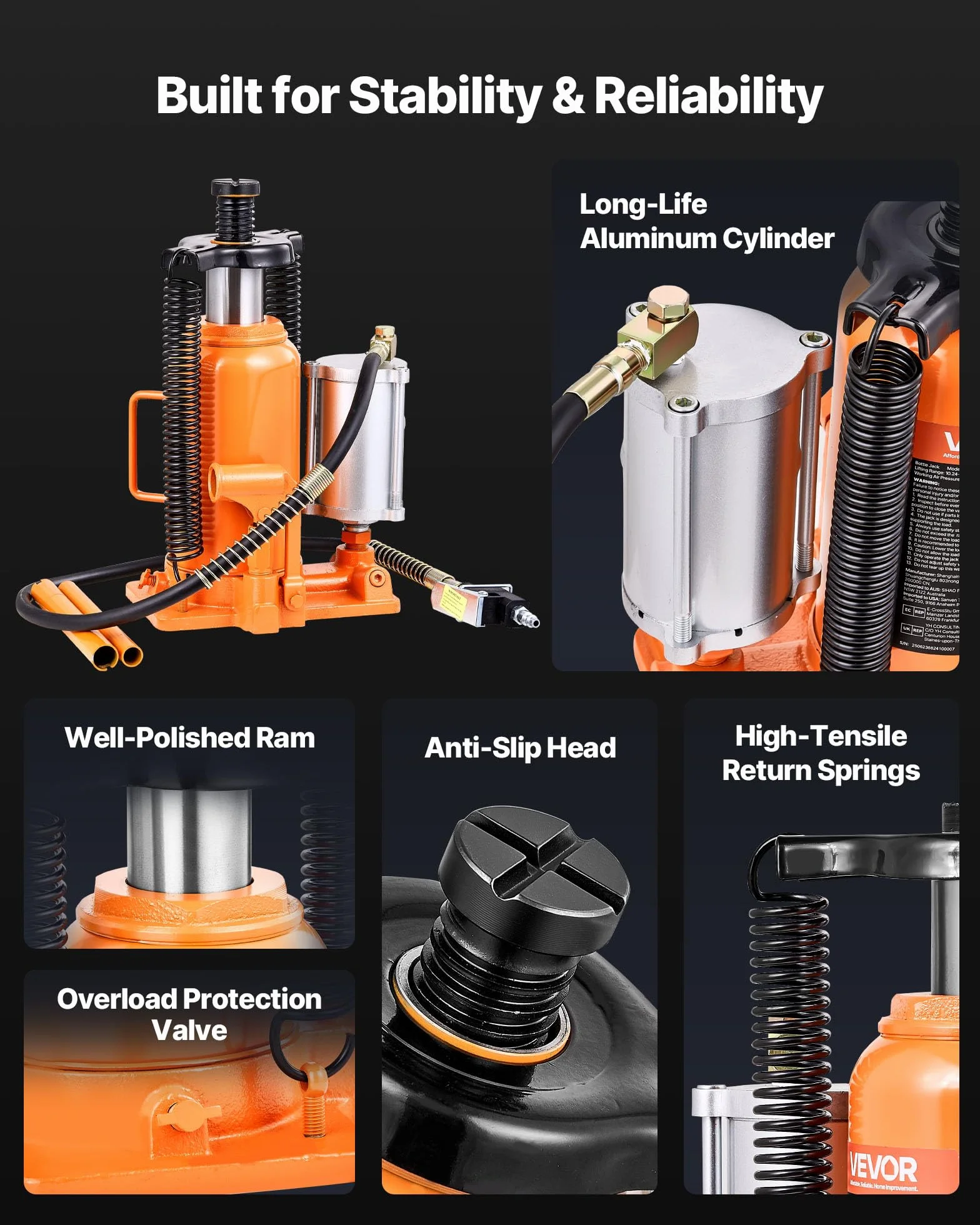 VEVOR Gato Neumático de Botella 20 T, Elevación 260-495 mm, Bomba para SUV y Camionetas, 235x155x260 mm, Naranja