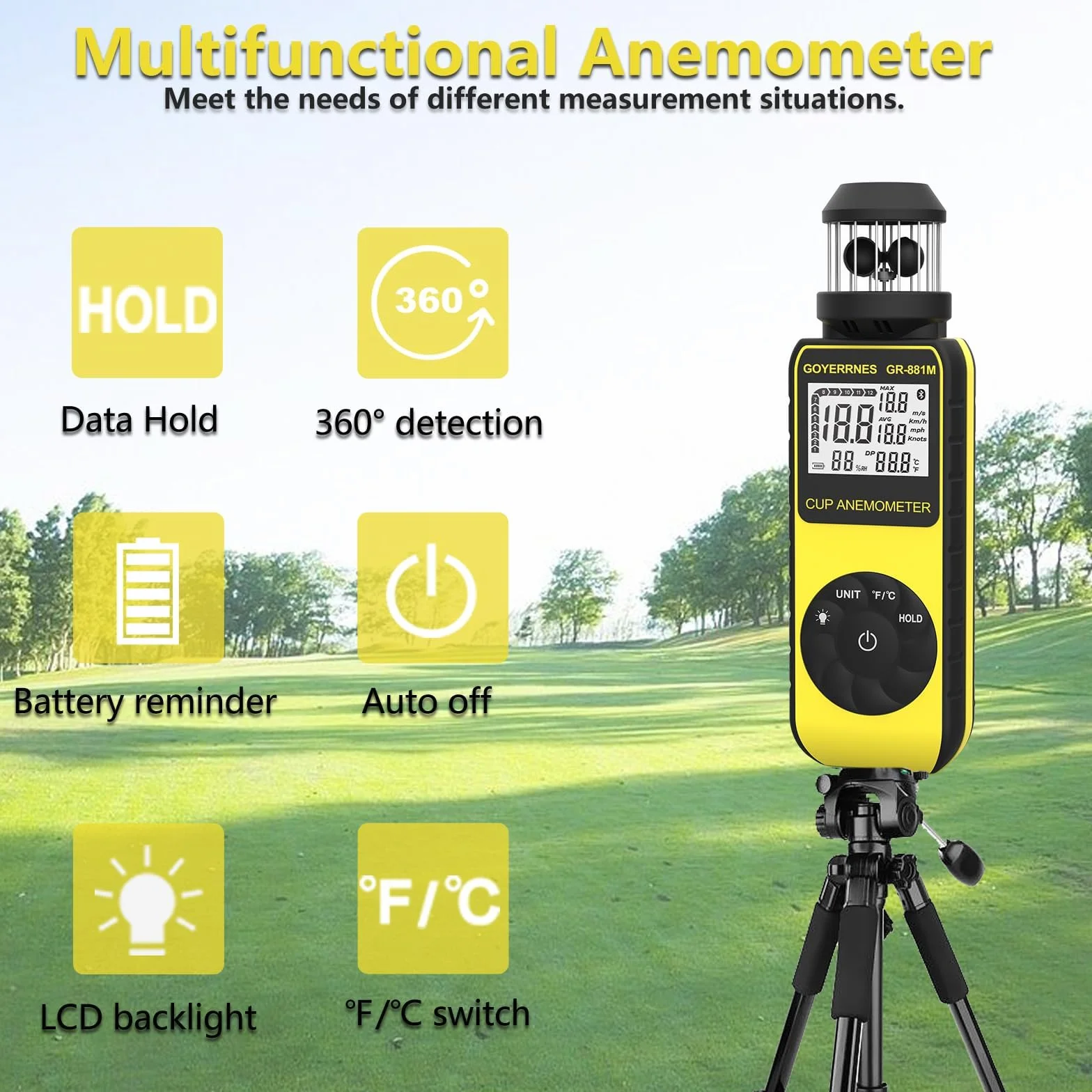 Anemómetro Digital Portátil GR-881M con Brújula Medir Velocidad del Viento Temperatura Volumen de Aire