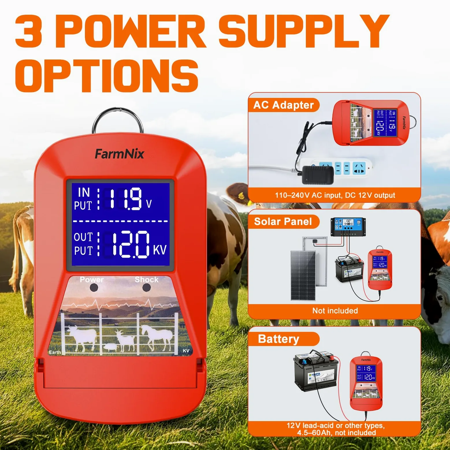 Energizador de Cercas Eléctricas 12V con Pantalla LED, Cerca Eléctrica 3J 230V para 24 KM, Alimentación Múltiple (Red/Batería/Solar), Cargador de Cercas para Ganado, Caballos y Granjas