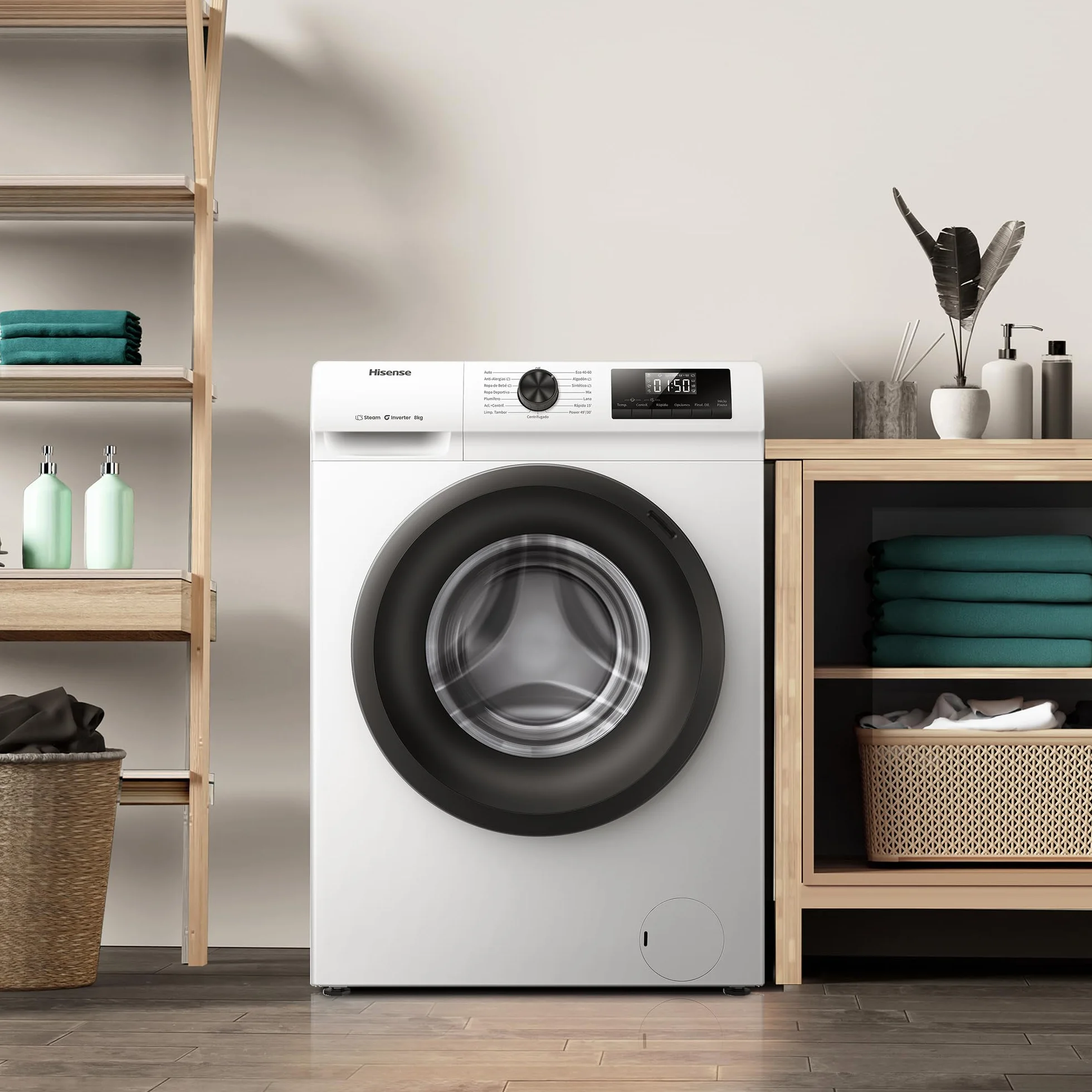 Hisense Lavadora 8 Kg 1400 rpm Clase A 85x60 cm Blanco Vapor 99,9% Inverter