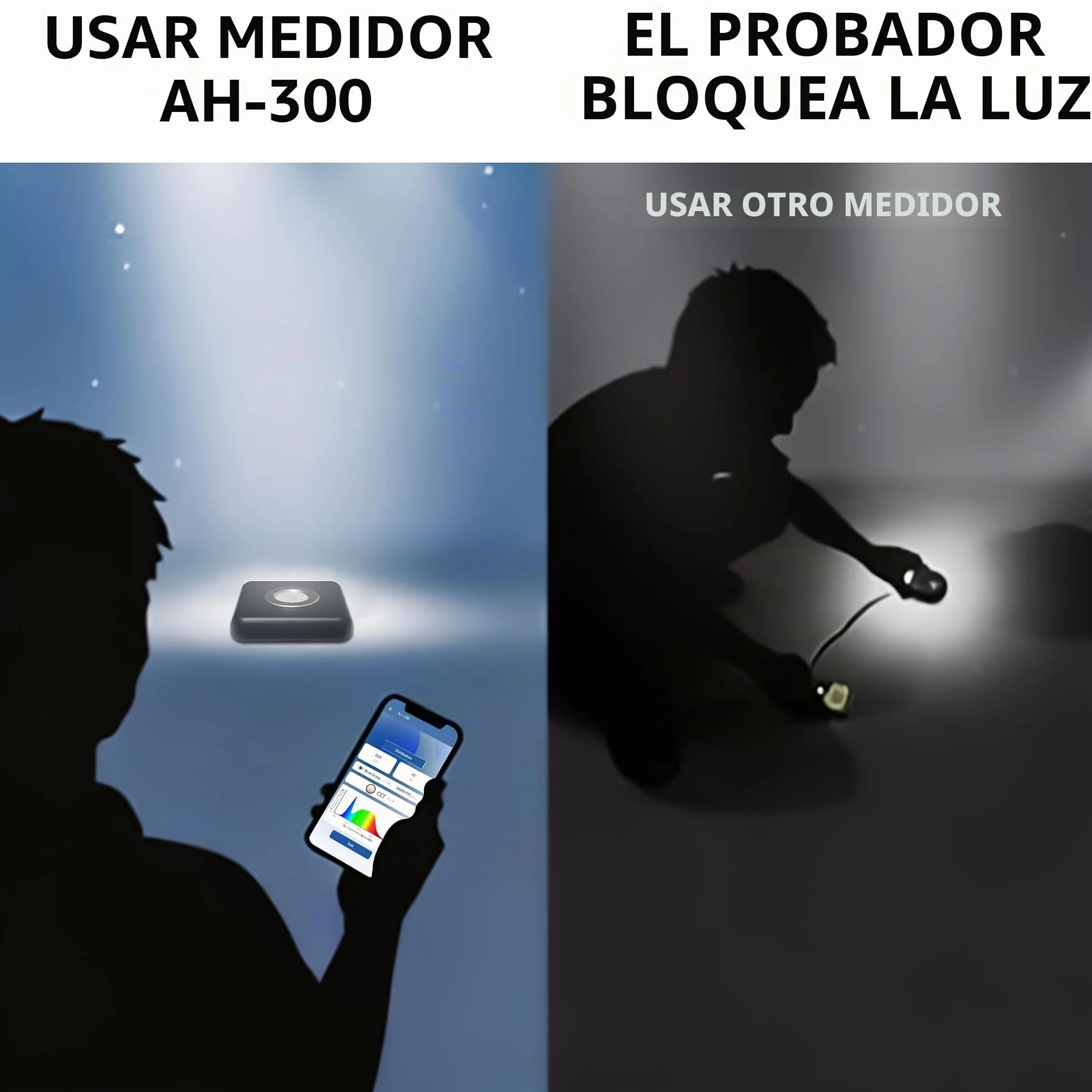 Medidor de luz AH-300 LED espectro CCT LUX vela de pie w/m² luz azul distribución datos exportados CSV