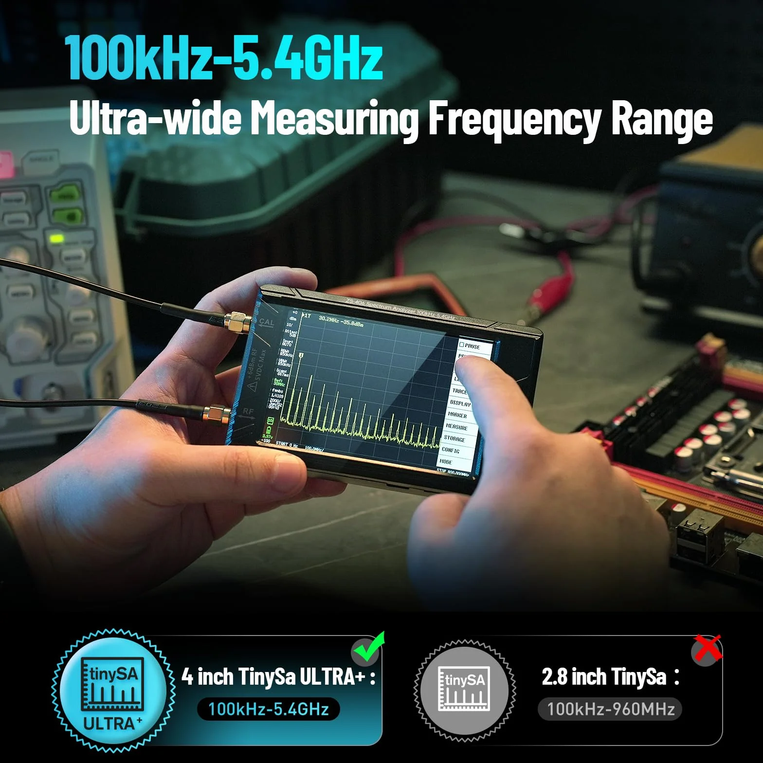 SEESII Analizador de espectro TinySA Ultra+ ZS406 con atenuador de 50 W, analizador de frecuencia de 4,0 pulgadas, 100 kHz-5,4 G Hz, generador de señal 2 en 1, 100 kHz - 800 MHz MF/VHF/HF, entrada UHF