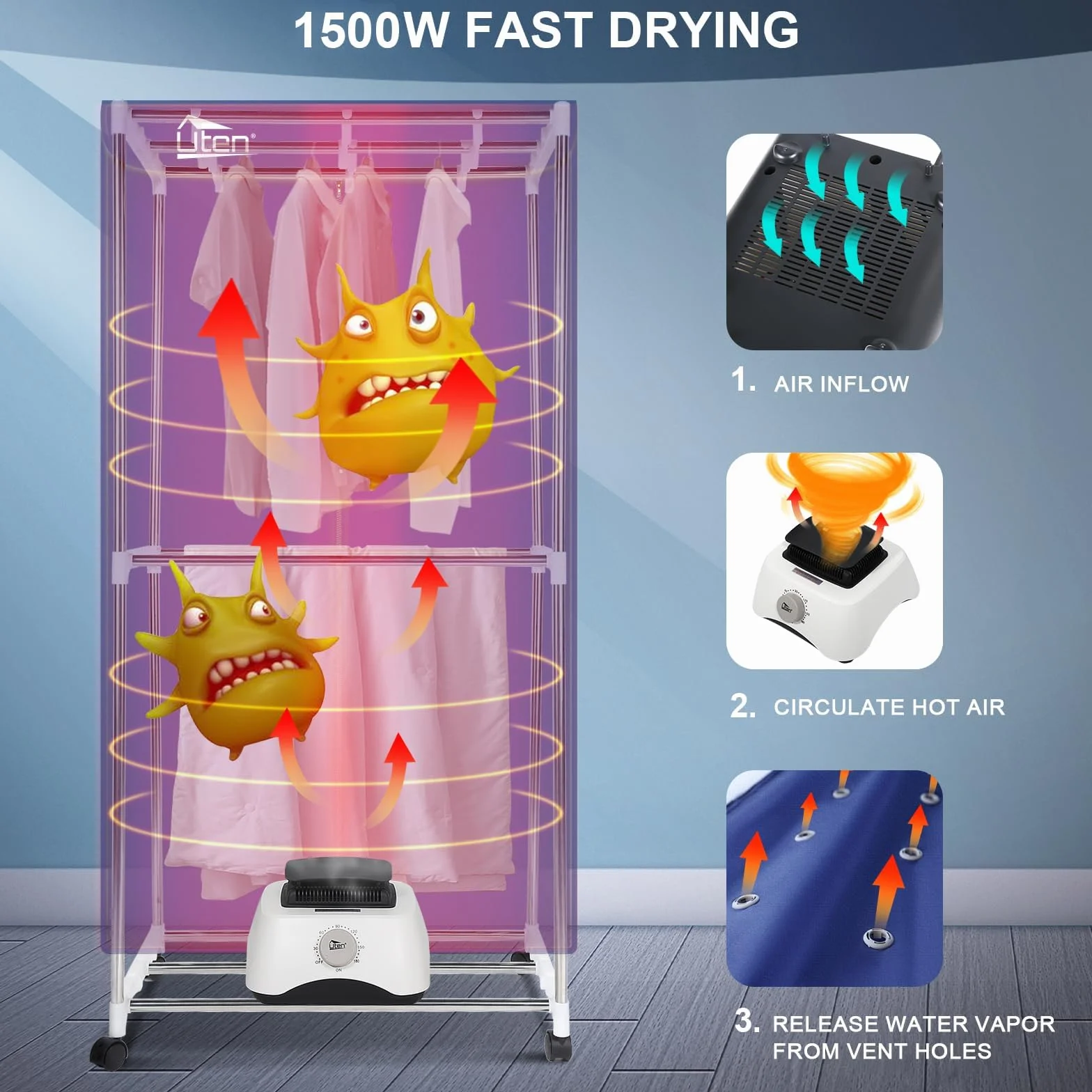Uten Secador de Ropa Portátil Armario de Secado 1500W Doble Capa Apilable