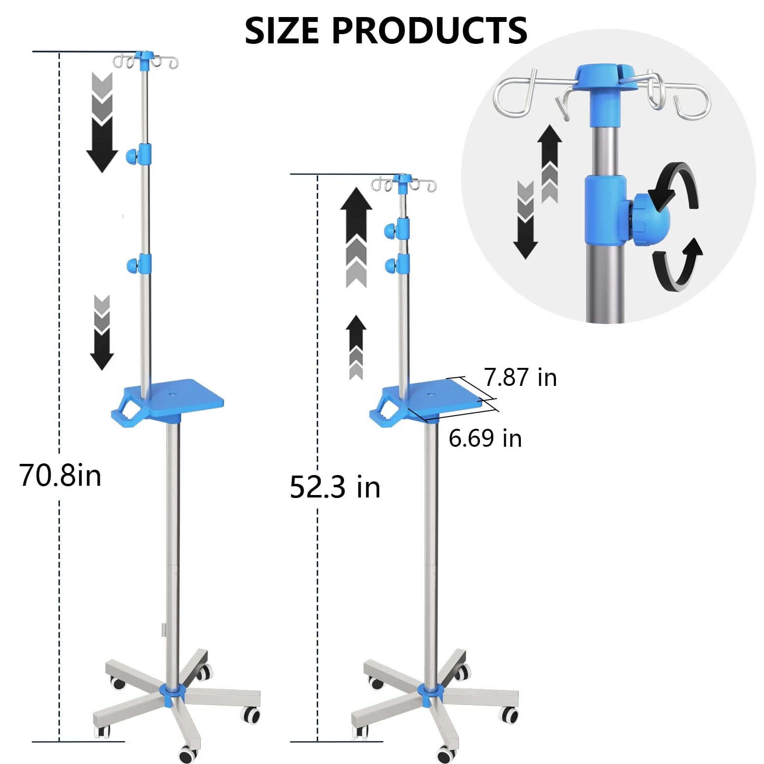 Moricher Soporte Rolling IV con bandeja, soporte de acero inoxidable IV con 4 ganchos, ruedas y construcción de altura ajustable para clínicas y hogares
