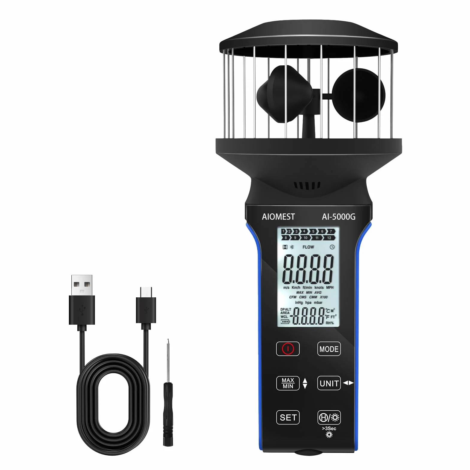 Anemómetro Digital Medidor de Caudal de Aire, AIOMEST Mano Sensor Viento 360°, m³/min