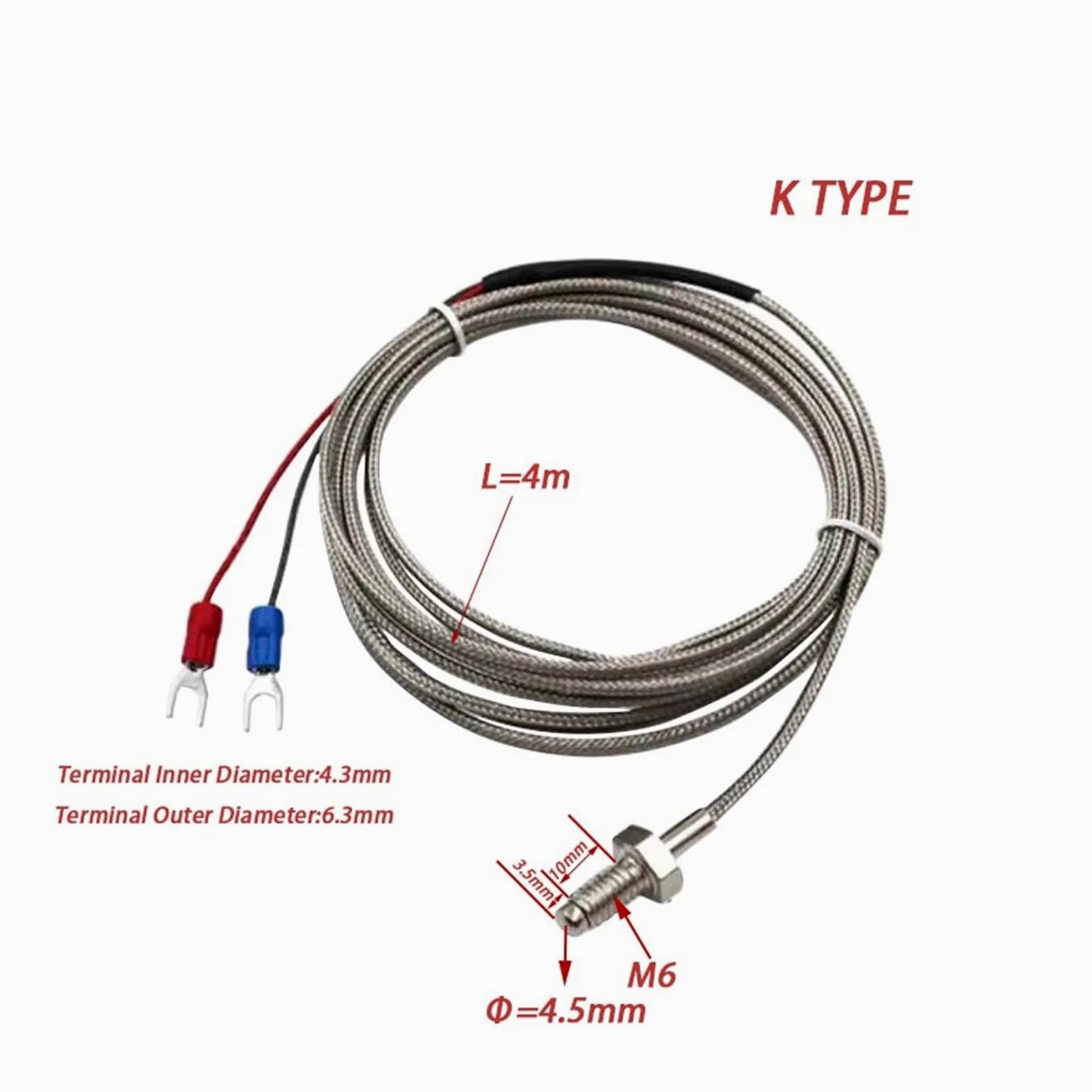 Termopar tipo K, Termopar tipo K con rosca M6, sensor de temperatura/sonda temperatura for termostato(Wire 4m)