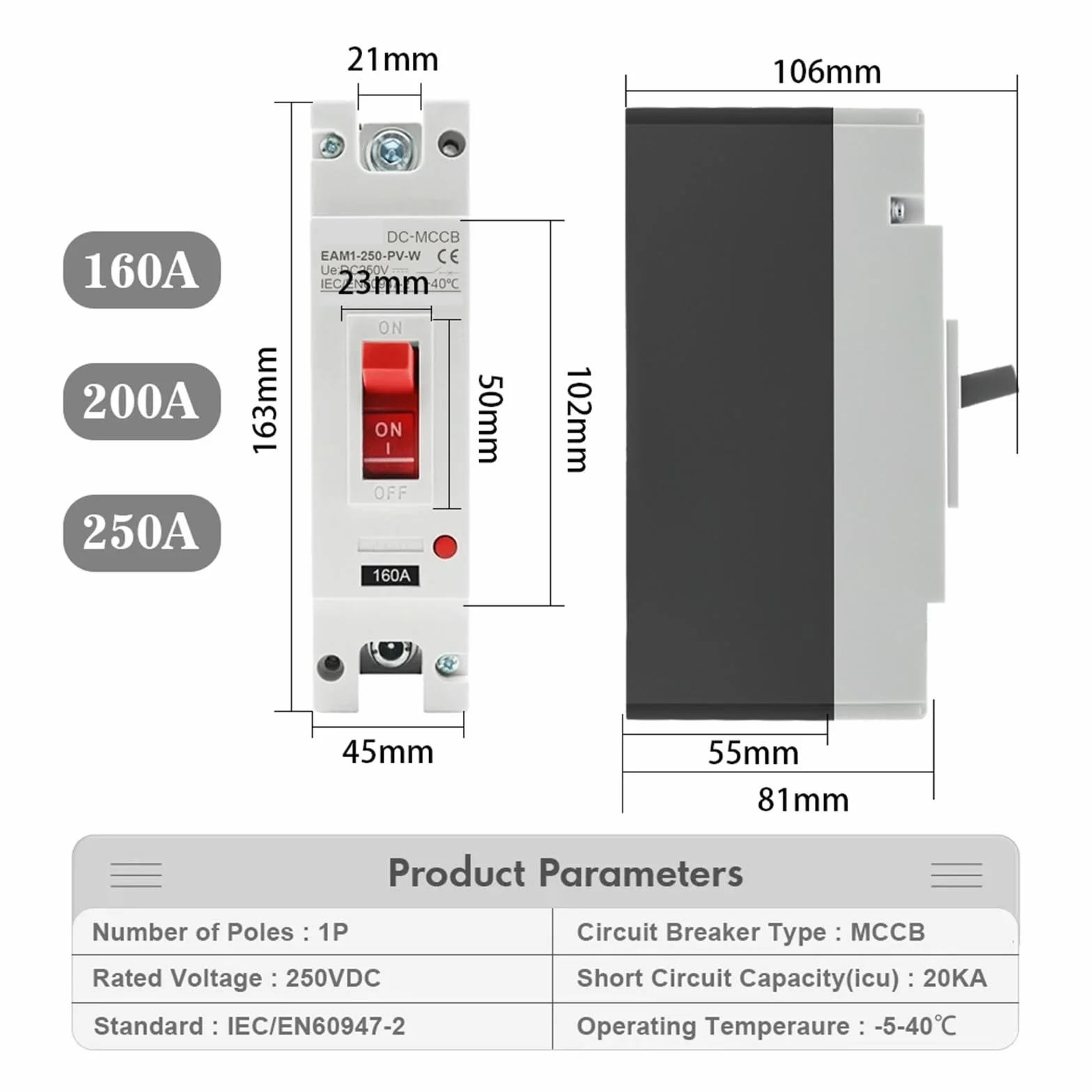 DC 250V 500V DC Solar Molded Case Circuit Breaker MCCB Overload Protection Switch Protector for Solar Photovoltaic PV 100A 125A(2P,160A)