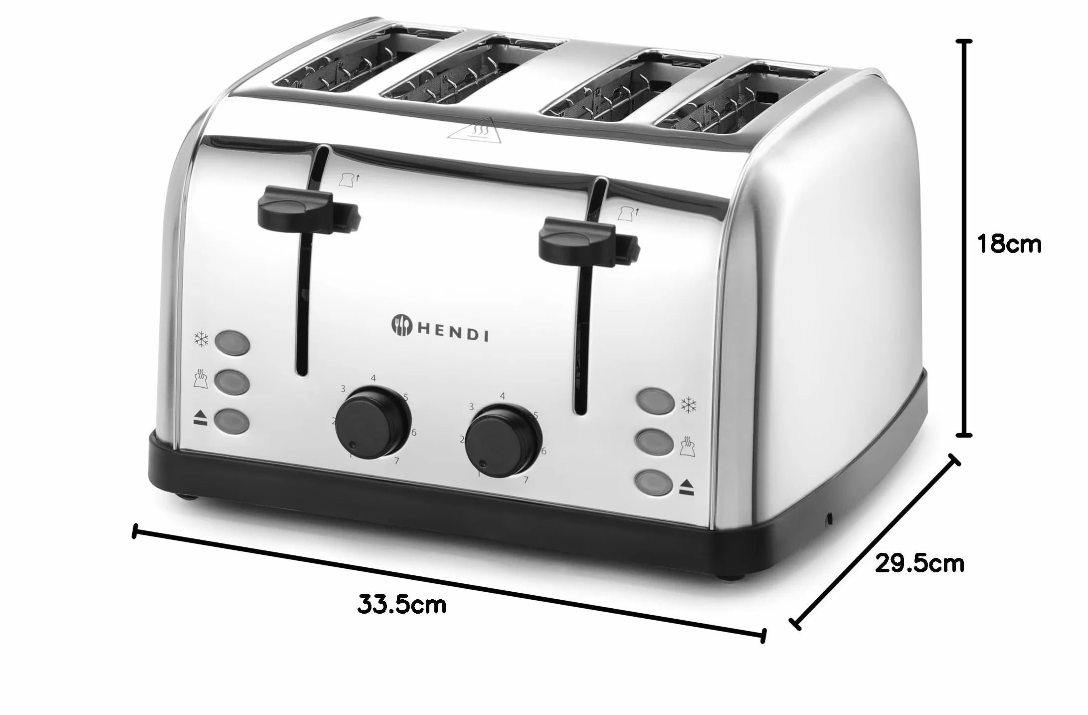 HENDI Tostadora de pan, 4 ranuras extra anchas, 2 zonas de calentamiento, tostador, 7 niveles de tostado, 3 funciones: tostar, decongelar y recalentar, 240V, 1500W, 295x335x(H)180mm, acero inoxidable