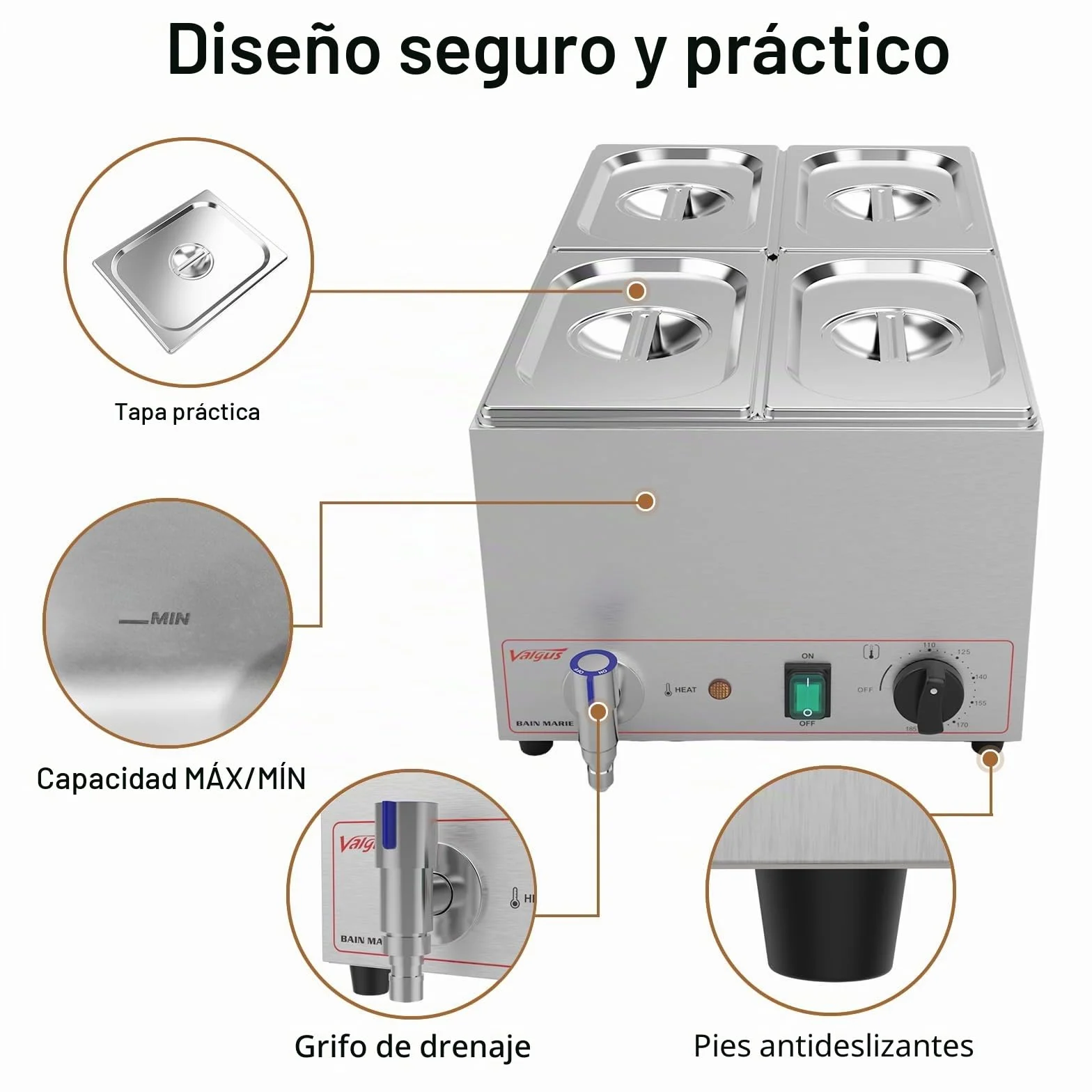 Valgus Calentador de Alimentos Comercial de Acero Inoxidable de 4 Secciones y 15L Servidor Buffet con Tapa y Grifo para el hogar, Catering, restaurantes