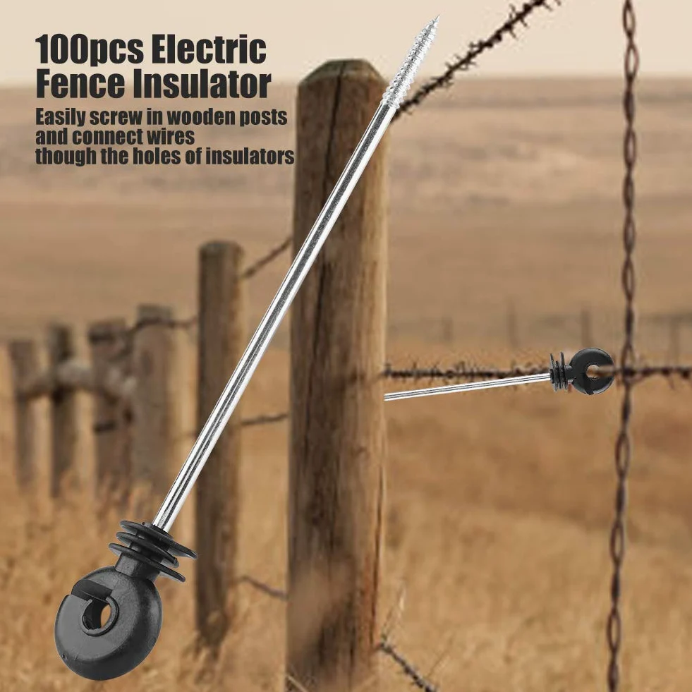 Annadue Aisladores de Anillo de Cerca Eléctrica de 100 Piezas, Aislador de Tornillo de Larga Distancia para Postes de Madera, Aisladores de Cerca de Hierro y Plástico, No Es Fácil de Envejecer o