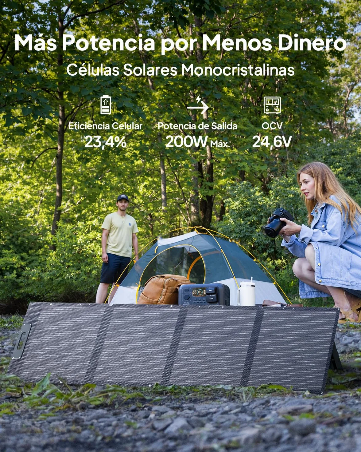 BLUETTI 200W Panel Solar, Portátil para Estación de Energía EB3A AC50B AC70 AC180 AC200L Elite 200 V2 AC300 B300K, Panel Solar Monocristalino Plegable con Soportes Ajustables para Viajes, Camping