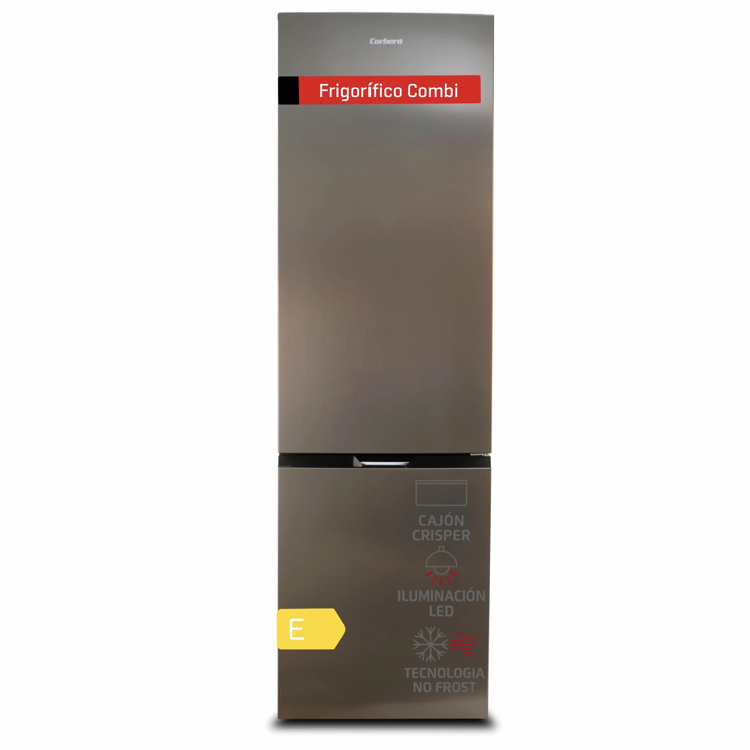 Corbero Frigorífico Combi No Frost 326L 201cm Luz LED Fresh Box Cajón Crisper Estantes Cristal Ajustables Inox