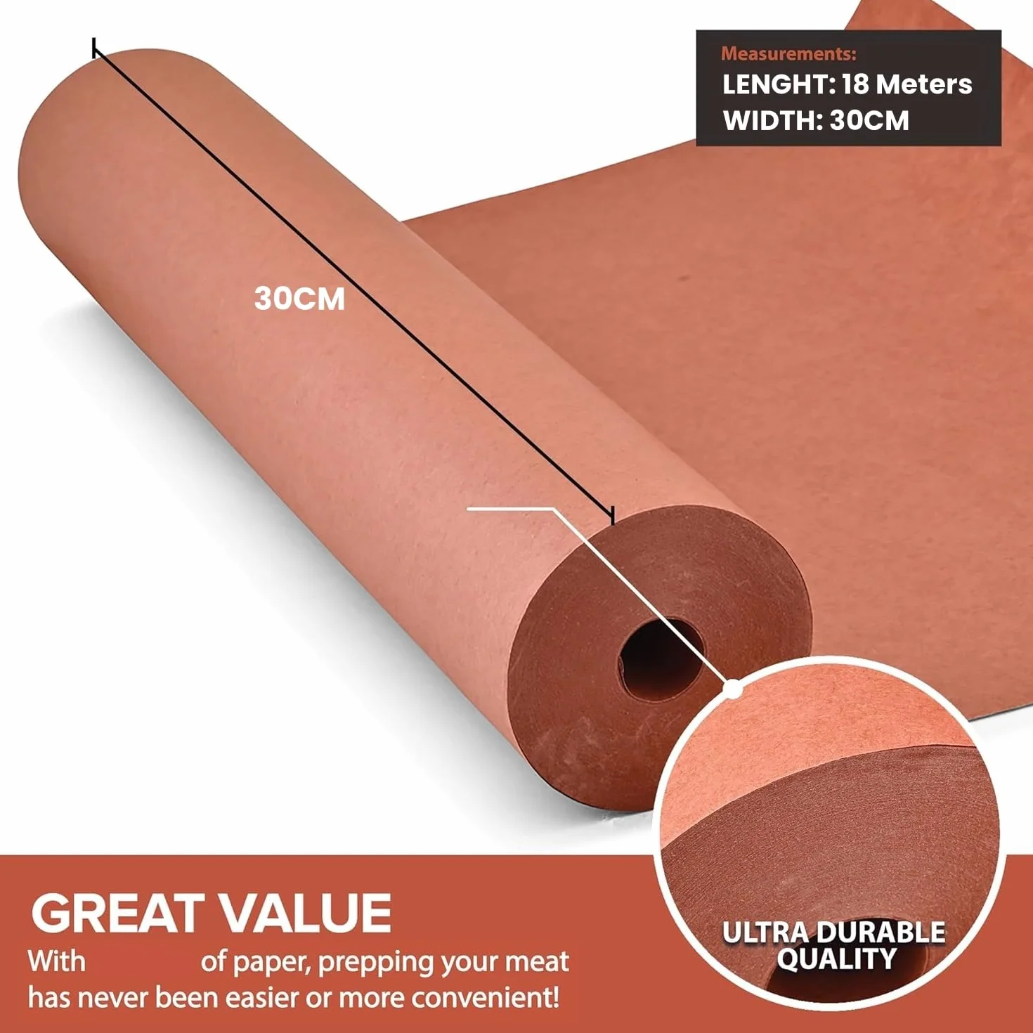 Rollo de Papel de Carnicería Kraft 30cm x 18m Sin Blanquear para Ahumado y Barbacoas